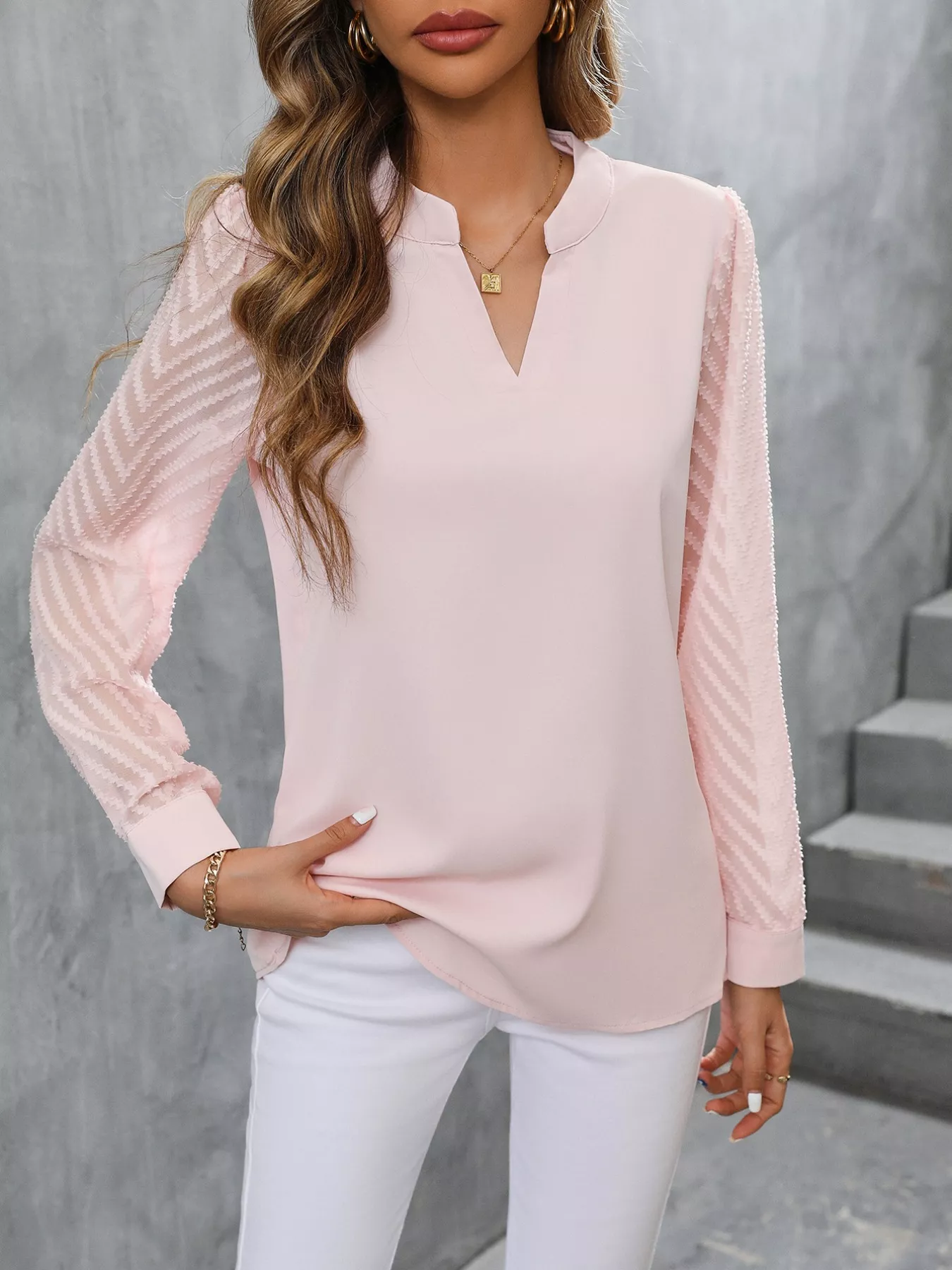 Sheer Sleeve V-Neck Blouse - Image 9