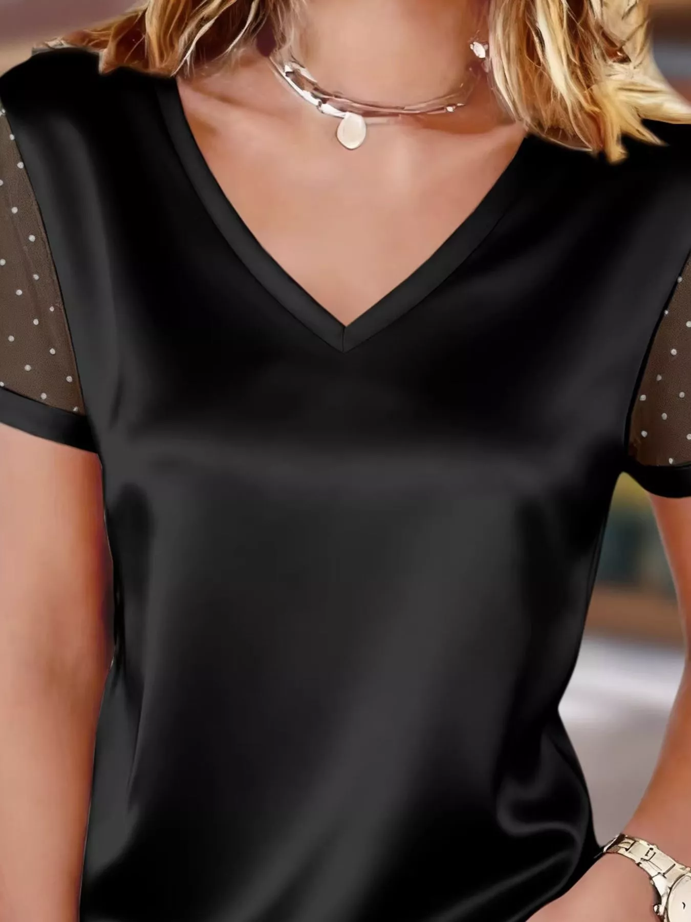 Sheer Sleeve V-Neck Top - Image 3