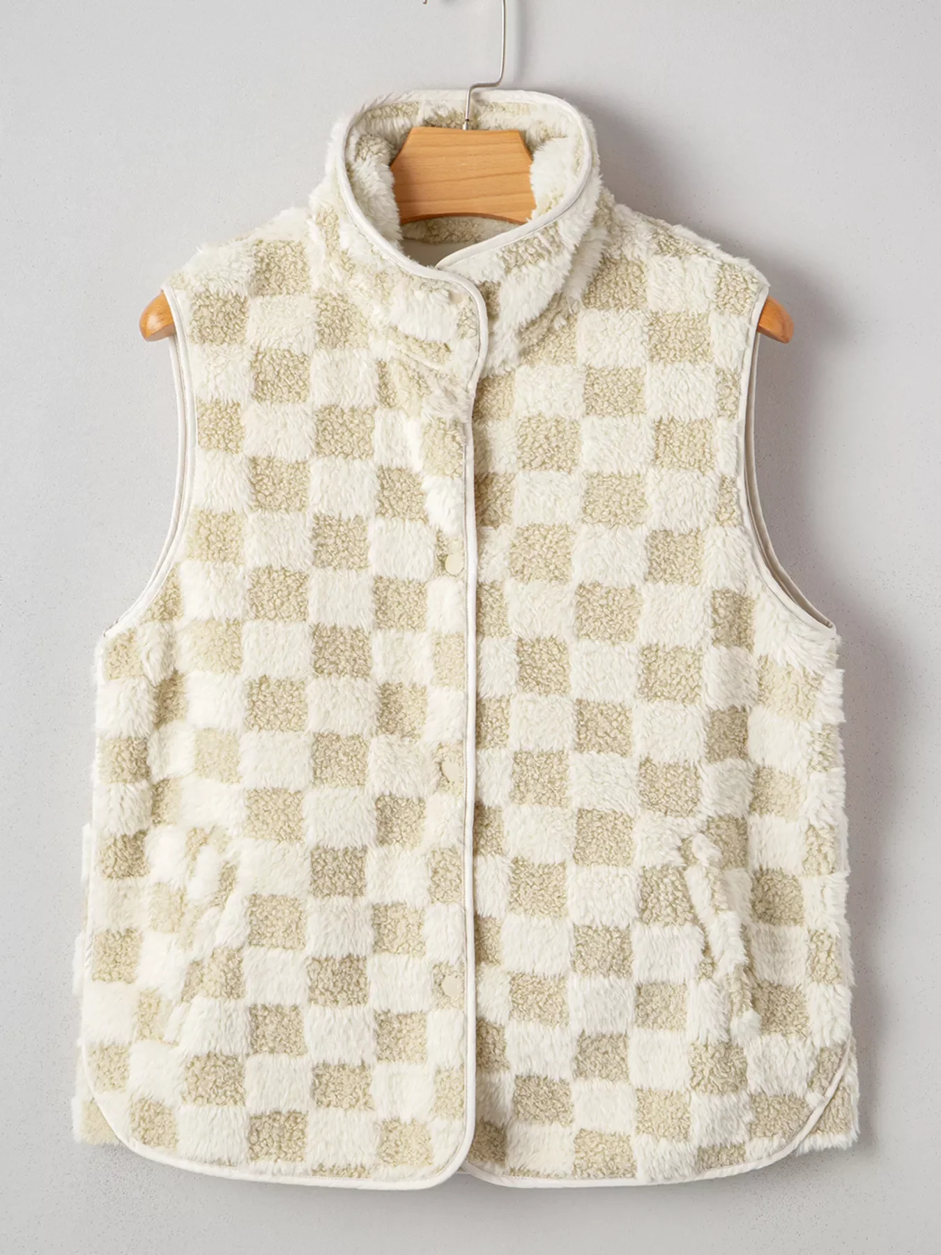 Sherpa Checkerboard Snap Button Vest Coat with Pocket - Image 6