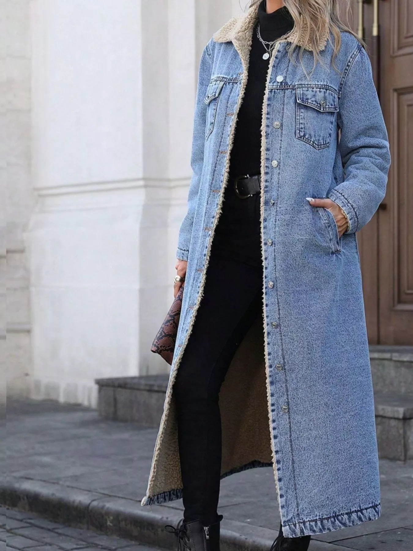 Sherpa Lined Longline Denim Jacket - Image 21