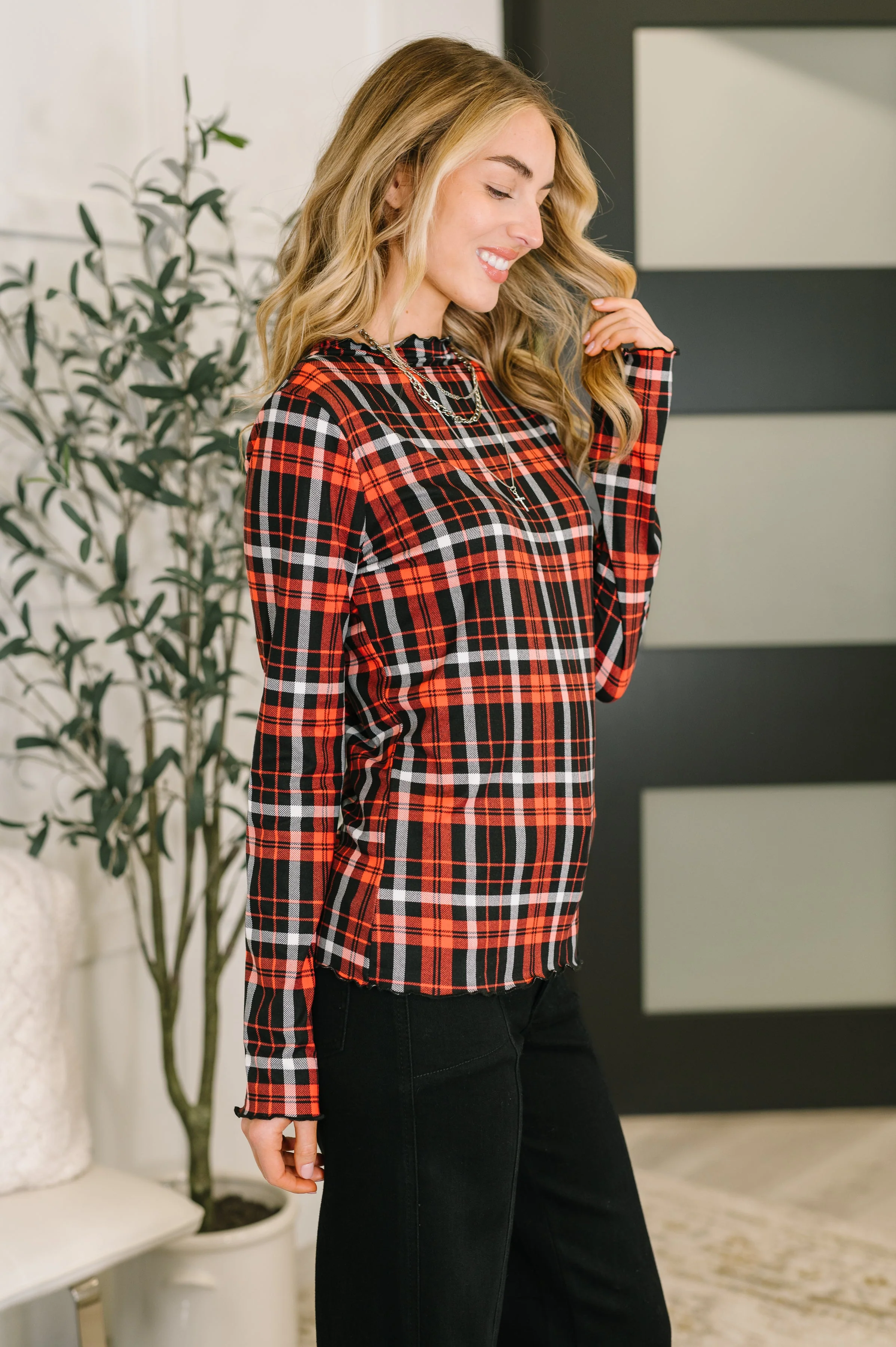 She's Always Changing Plaid Lettuce Hem Top - Image 5