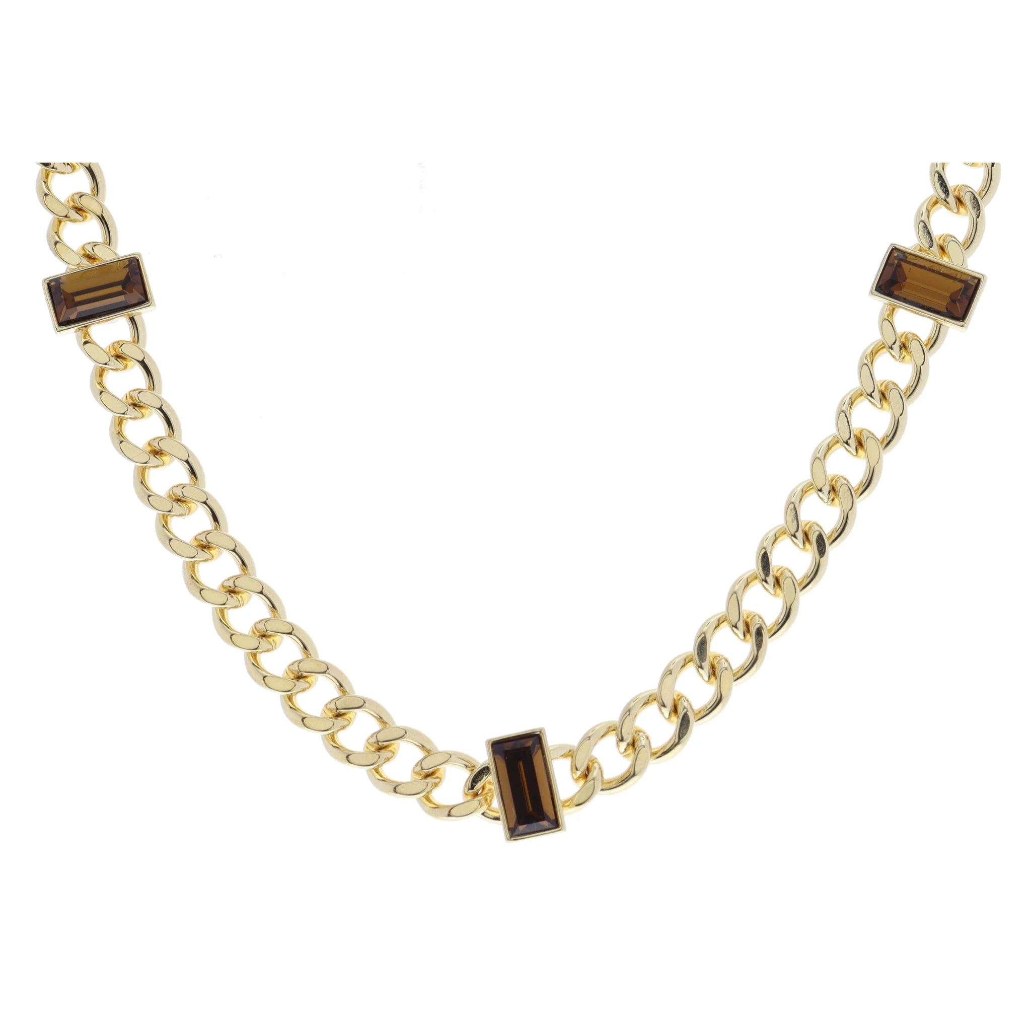 Shiny Gold Curb Chain with Baguette Dark Topaz Crystal Bezel Stations Necklace