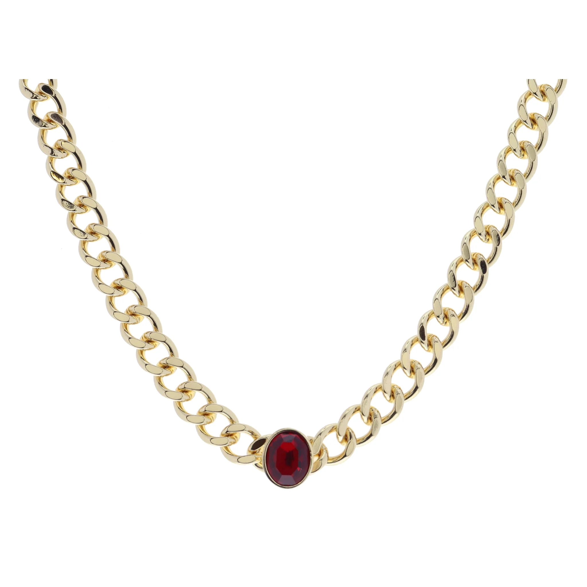 Shiny Gold Curb Chain with Oval Garnet Crystal Bezel Necklace