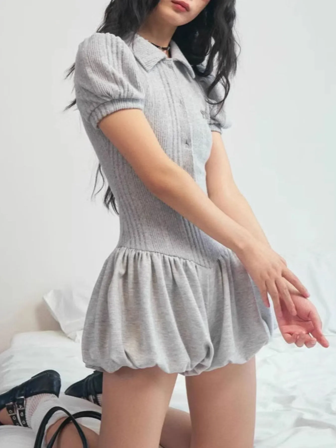 Short Sleeve Bubble Hem Mini Dress - Image 2
