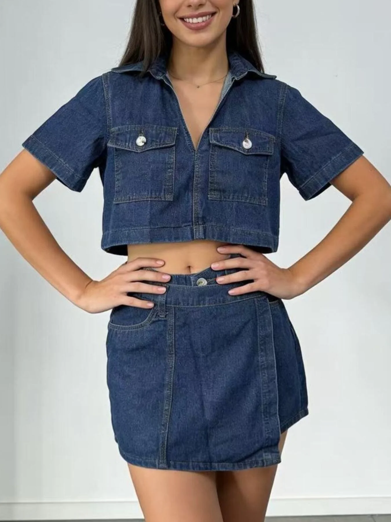 Short Sleeve Cropped Top and Skort Denim Set - Image 7