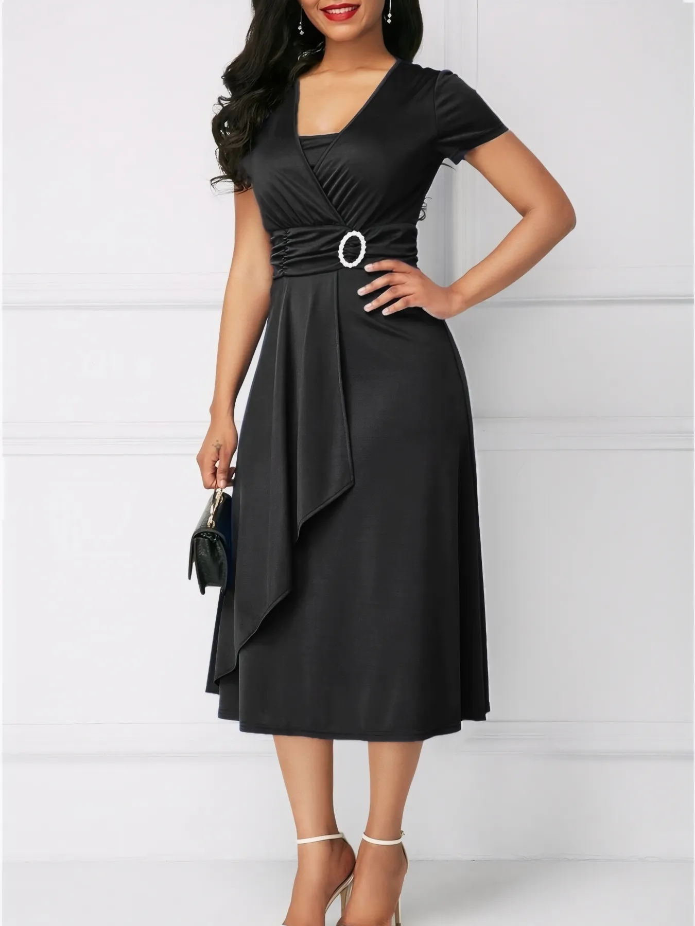 Short Sleeve Midi Wrap Dress with Belt Detail - Image 5