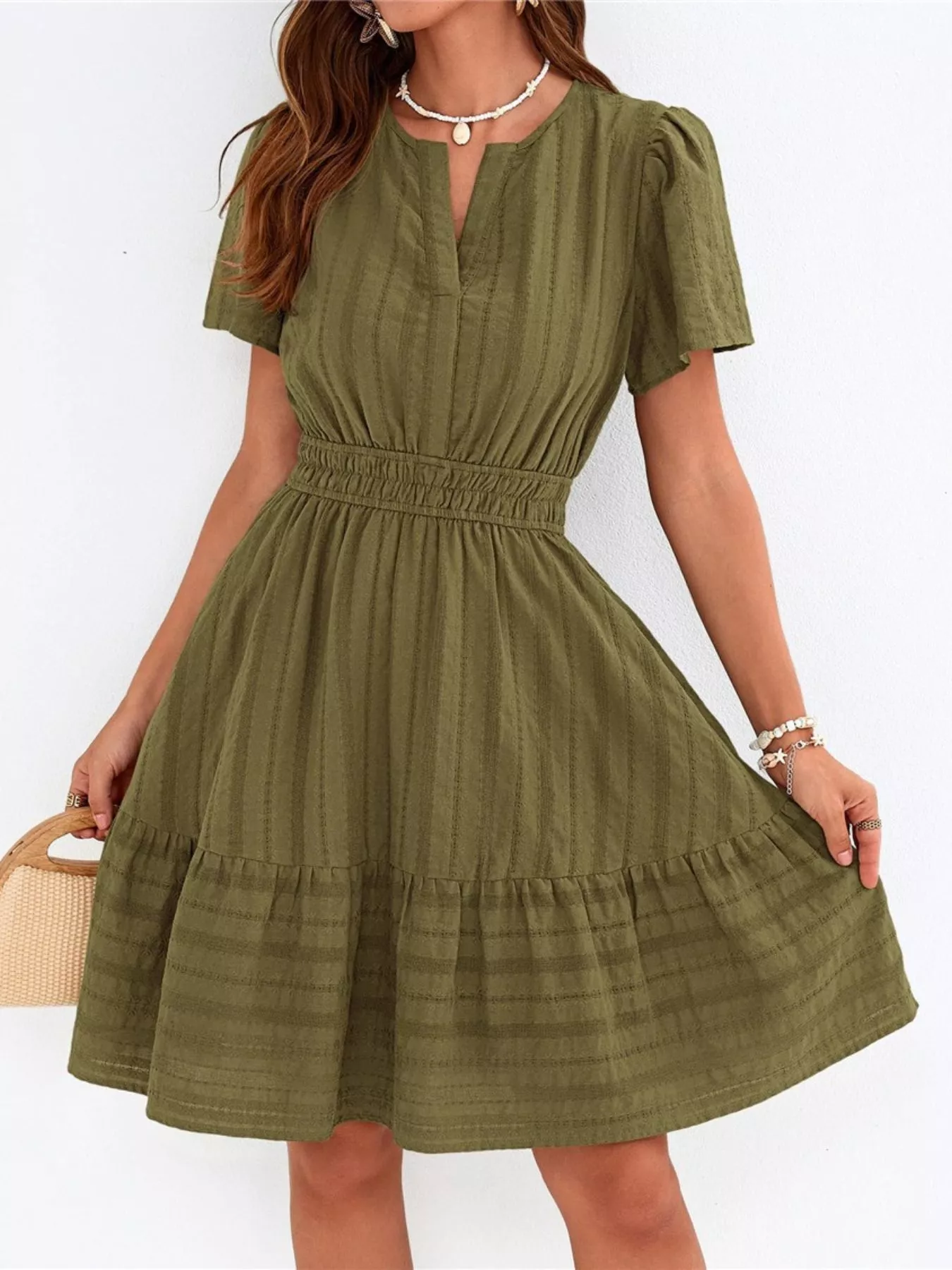 Short Sleeve Smocked Waist Tiered Dress - Image 11
