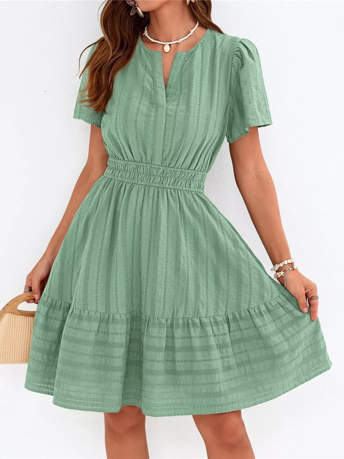 Short Sleeve Smocked Waist Tiered Dress - Image 13