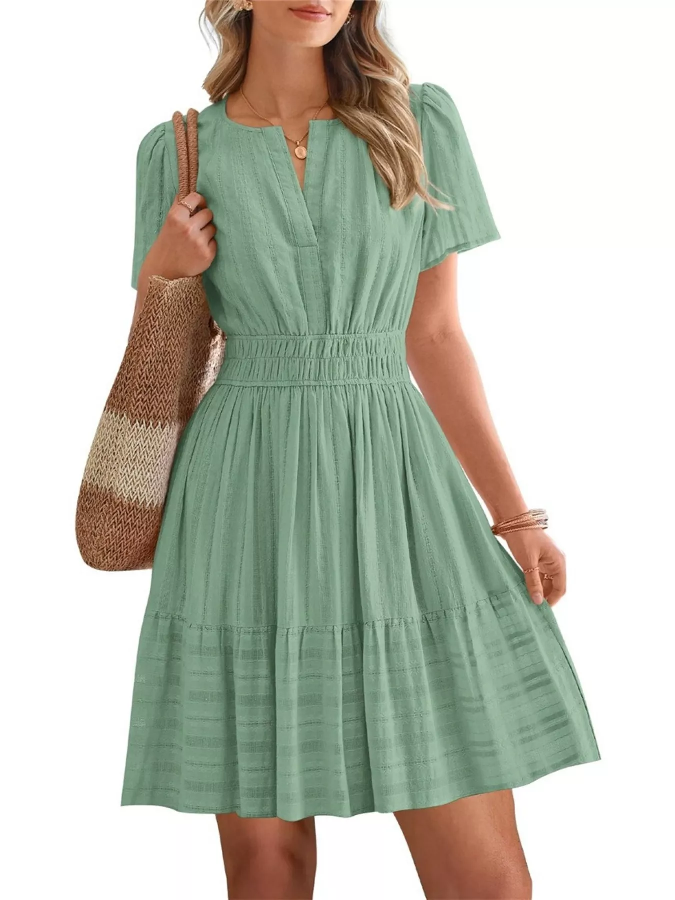 Short Sleeve Smocked Waist Tiered Dress - Image 16