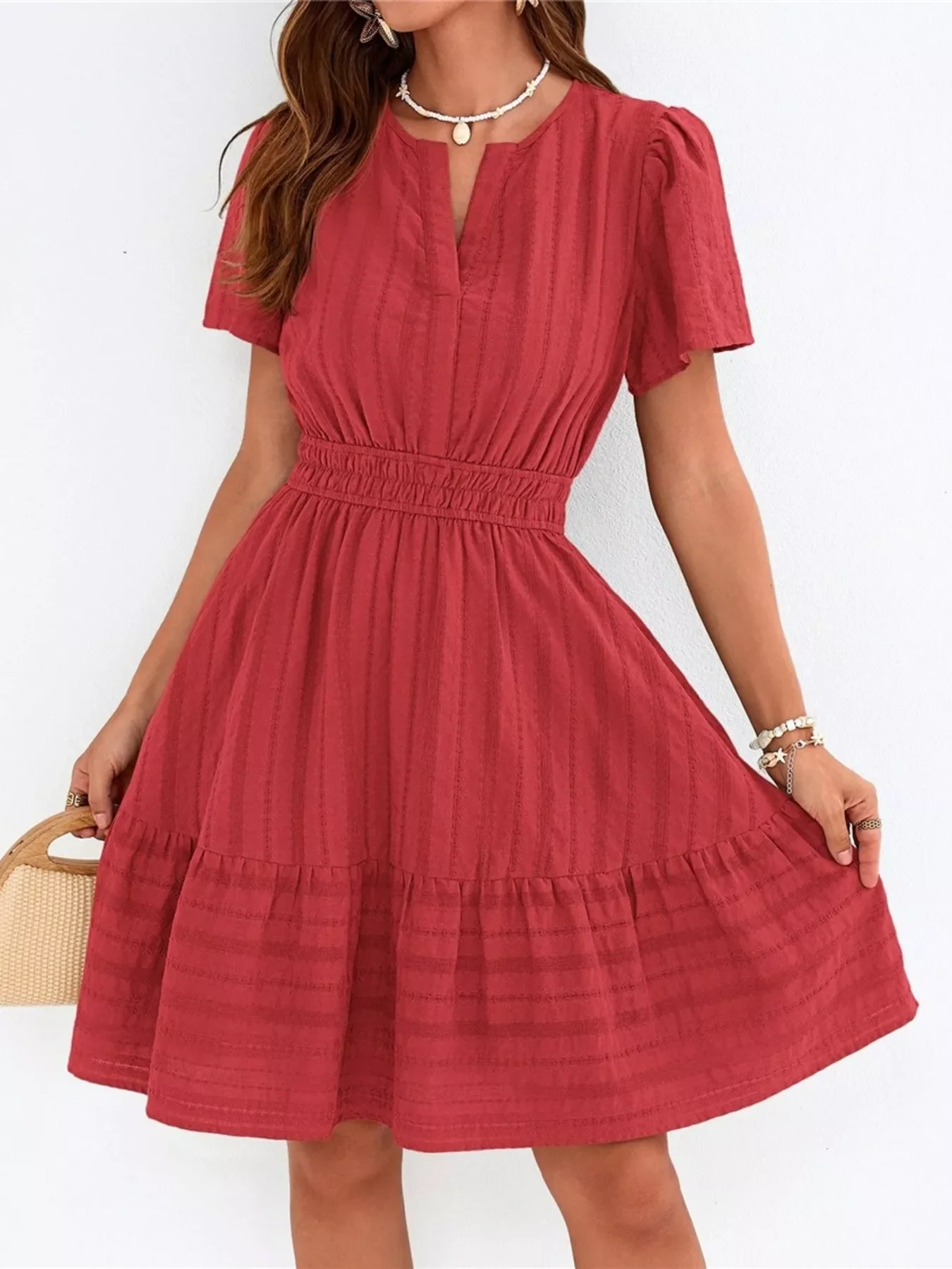 Short Sleeve Smocked Waist Tiered Dress - Image 3