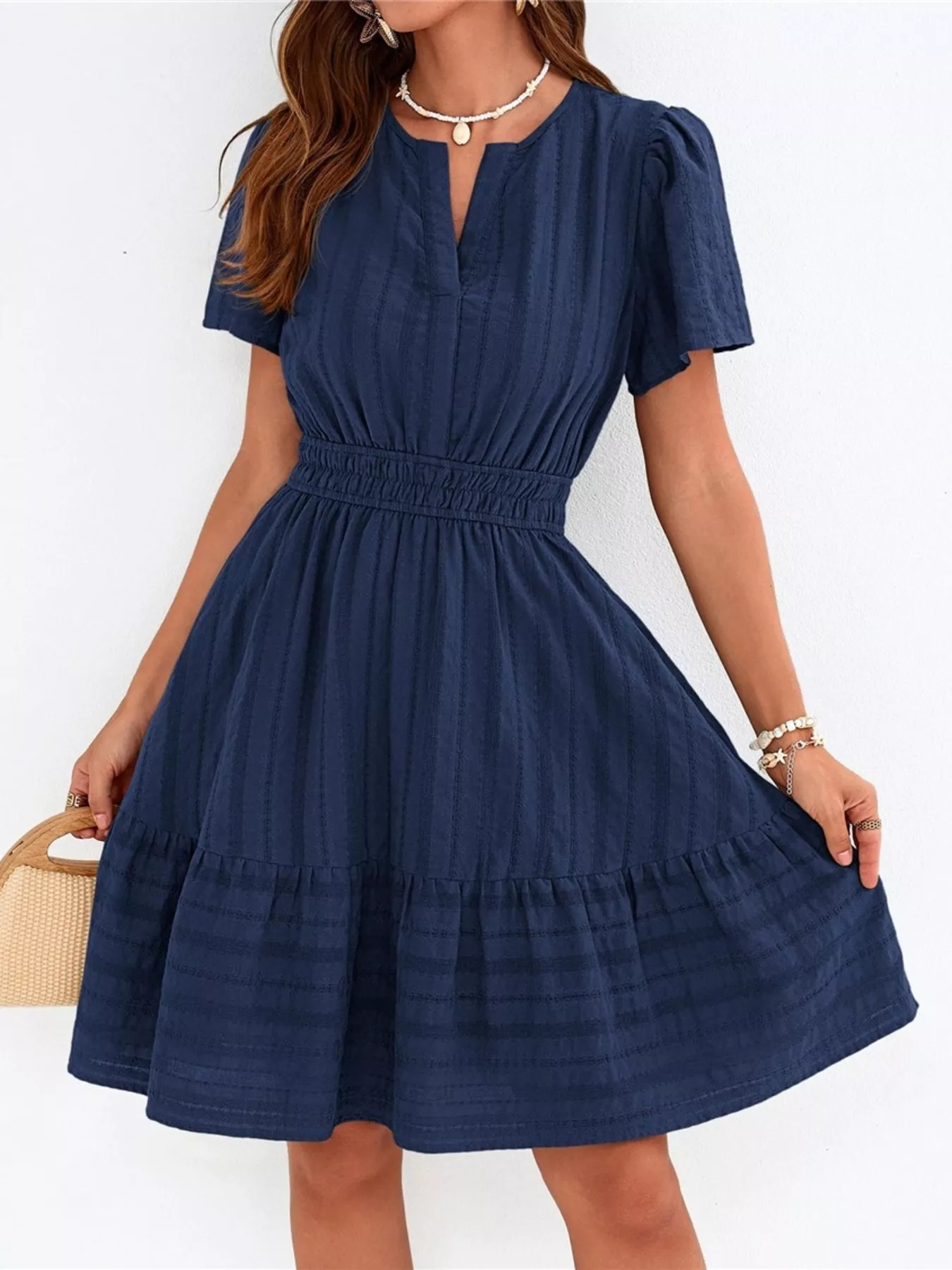 Short Sleeve Smocked Waist Tiered Dress - Image 33
