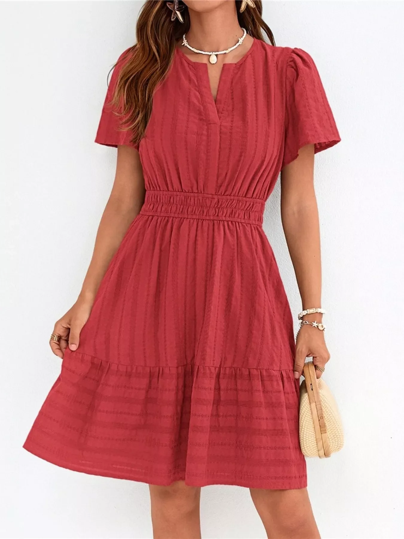 Short Sleeve Smocked Waist Tiered Dress - Image 4