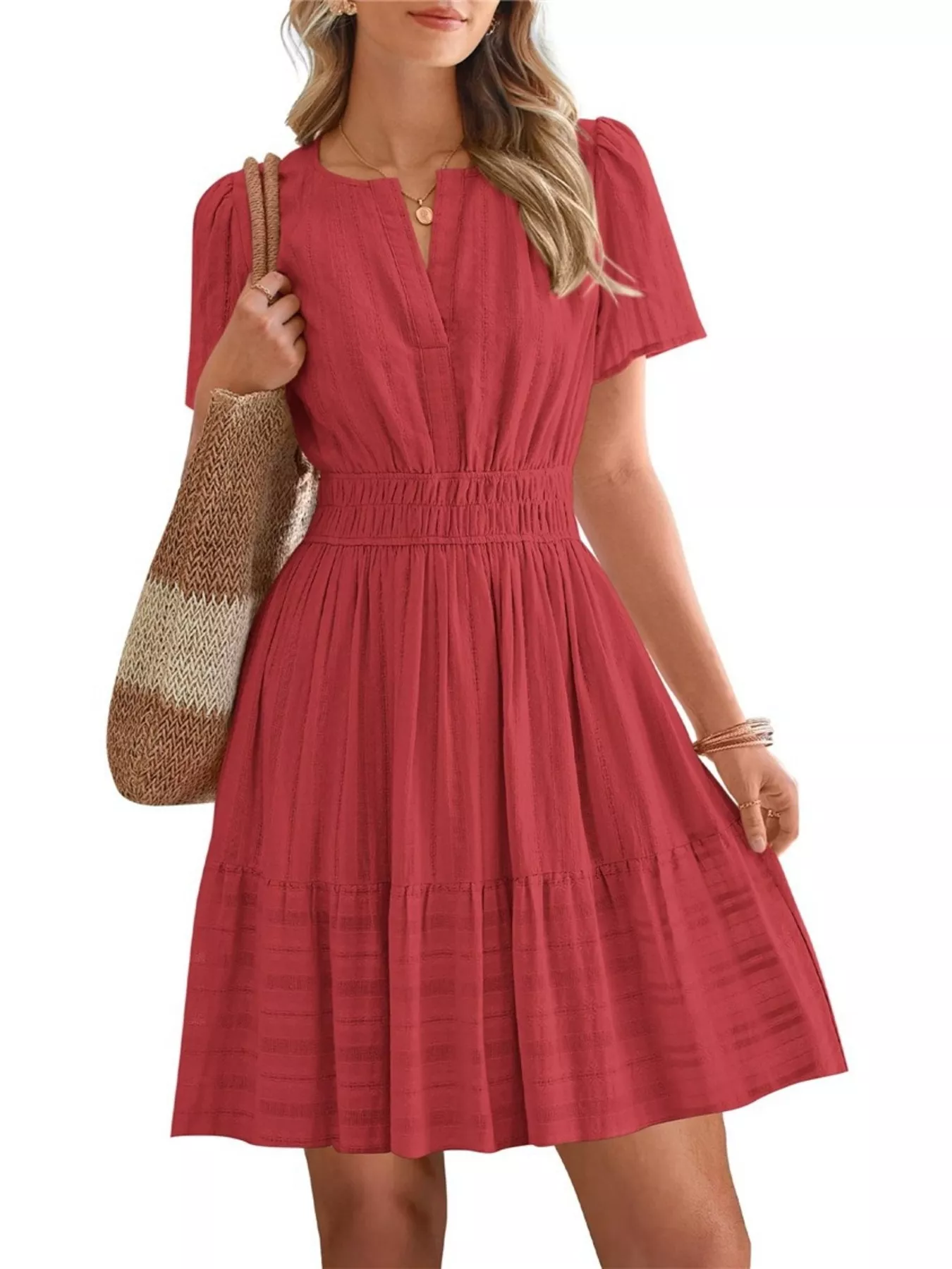Short Sleeve Smocked Waist Tiered Dress - Image 5