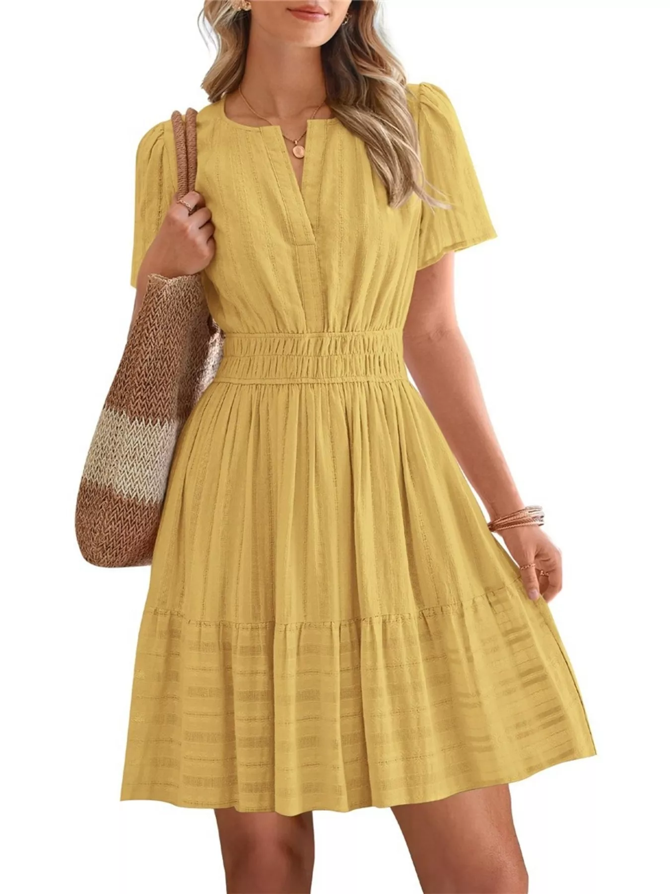 Short Sleeve Smocked Waist Tiered Dress - Image 6