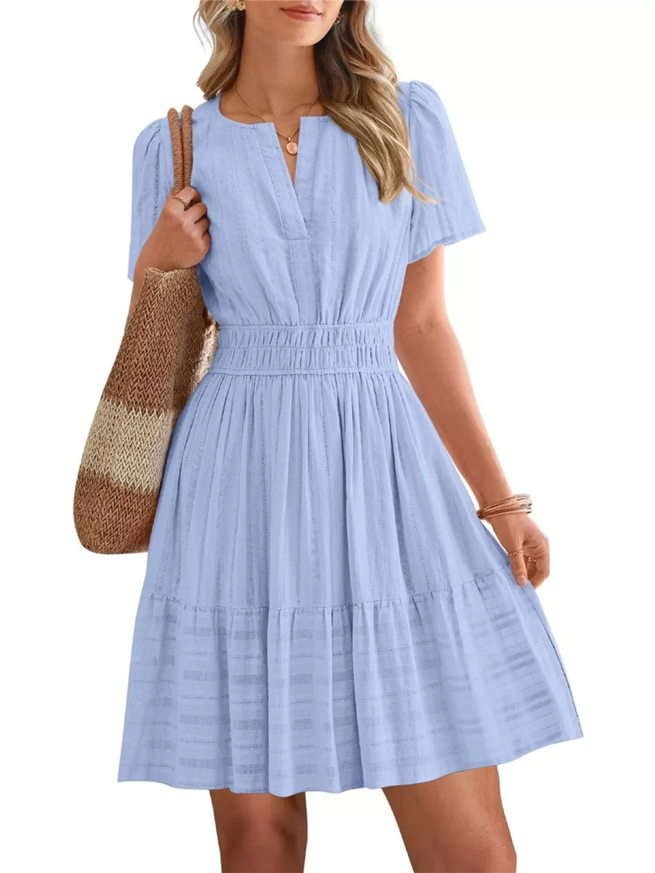 Short Sleeve Smocked Waist Tiered Dress - Image 7