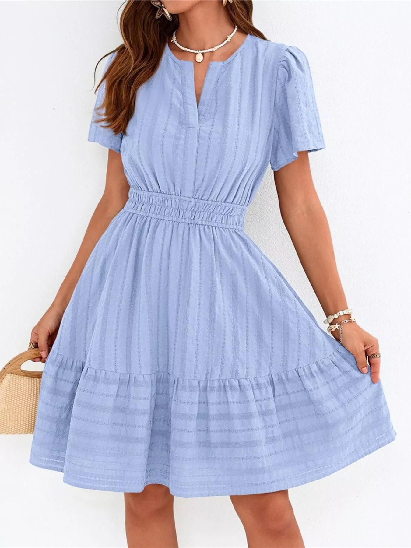 Short Sleeve Smocked Waist Tiered Dress - Image 9
