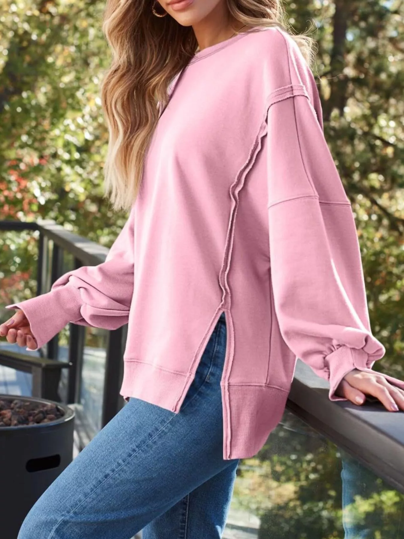 Side Slit Long Sleeve Oversized Sweatshirt - Image 11