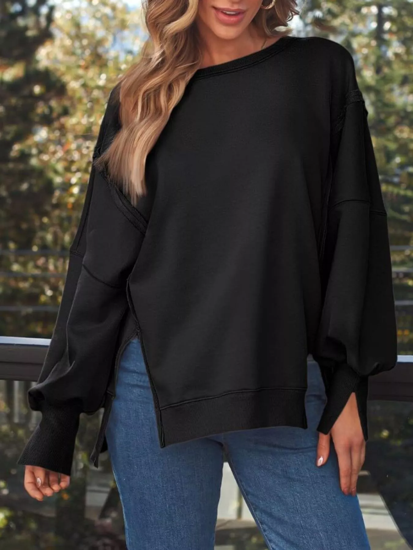 Side Slit Long Sleeve Oversized Sweatshirt - Image 26