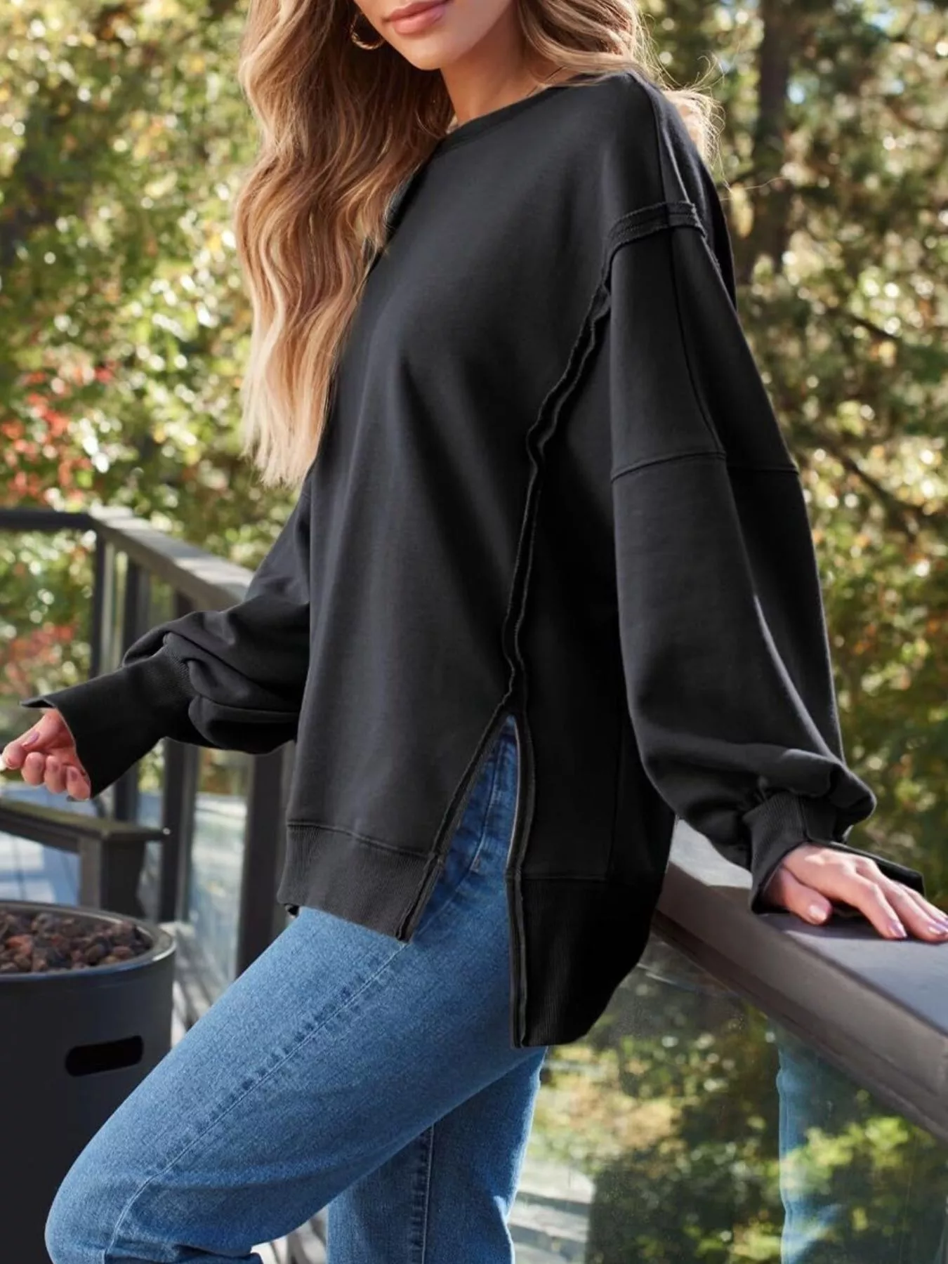 Side Slit Long Sleeve Oversized Sweatshirt - Image 27