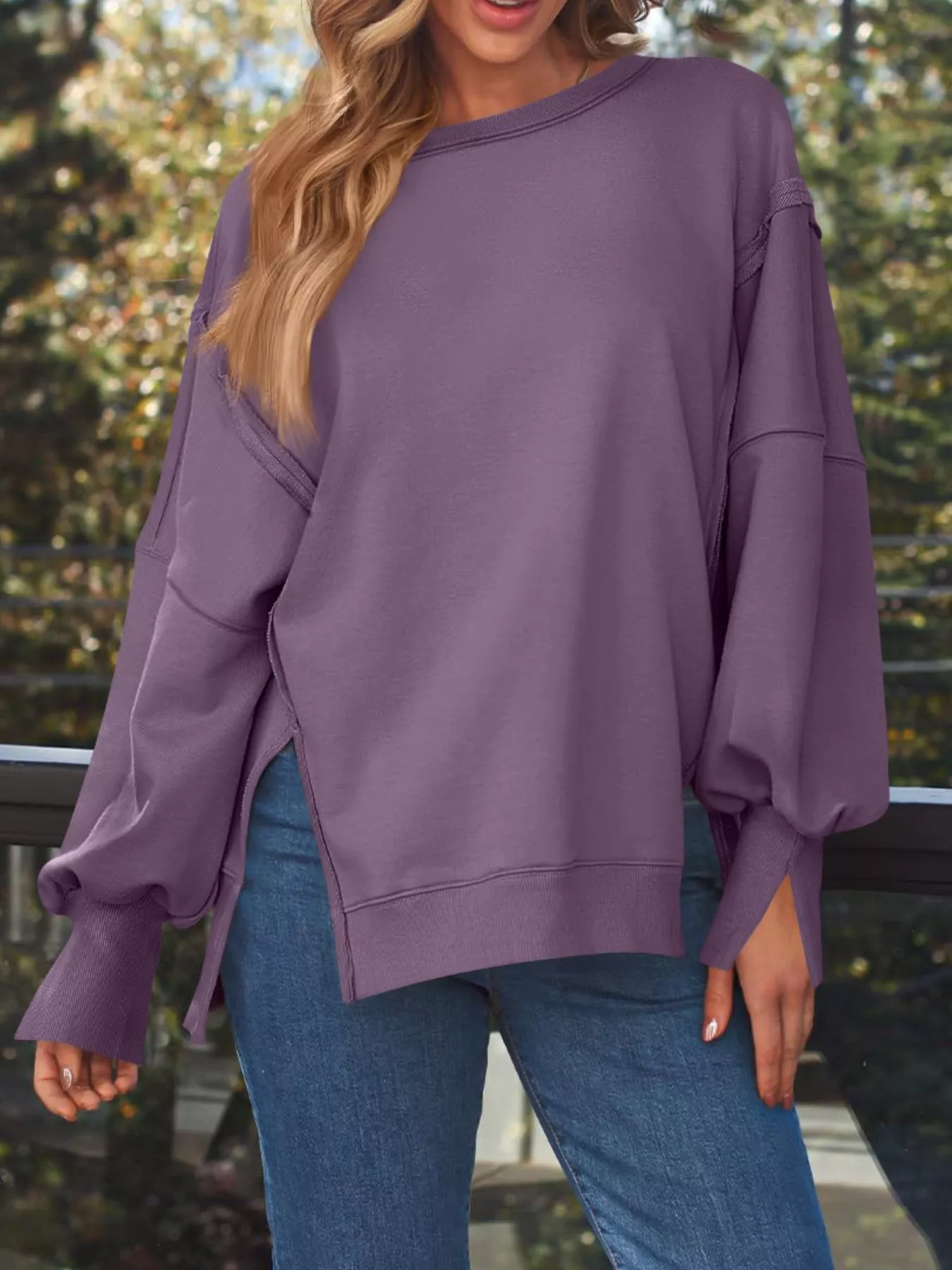 Side Slit Long Sleeve Oversized Sweatshirt - Image 30