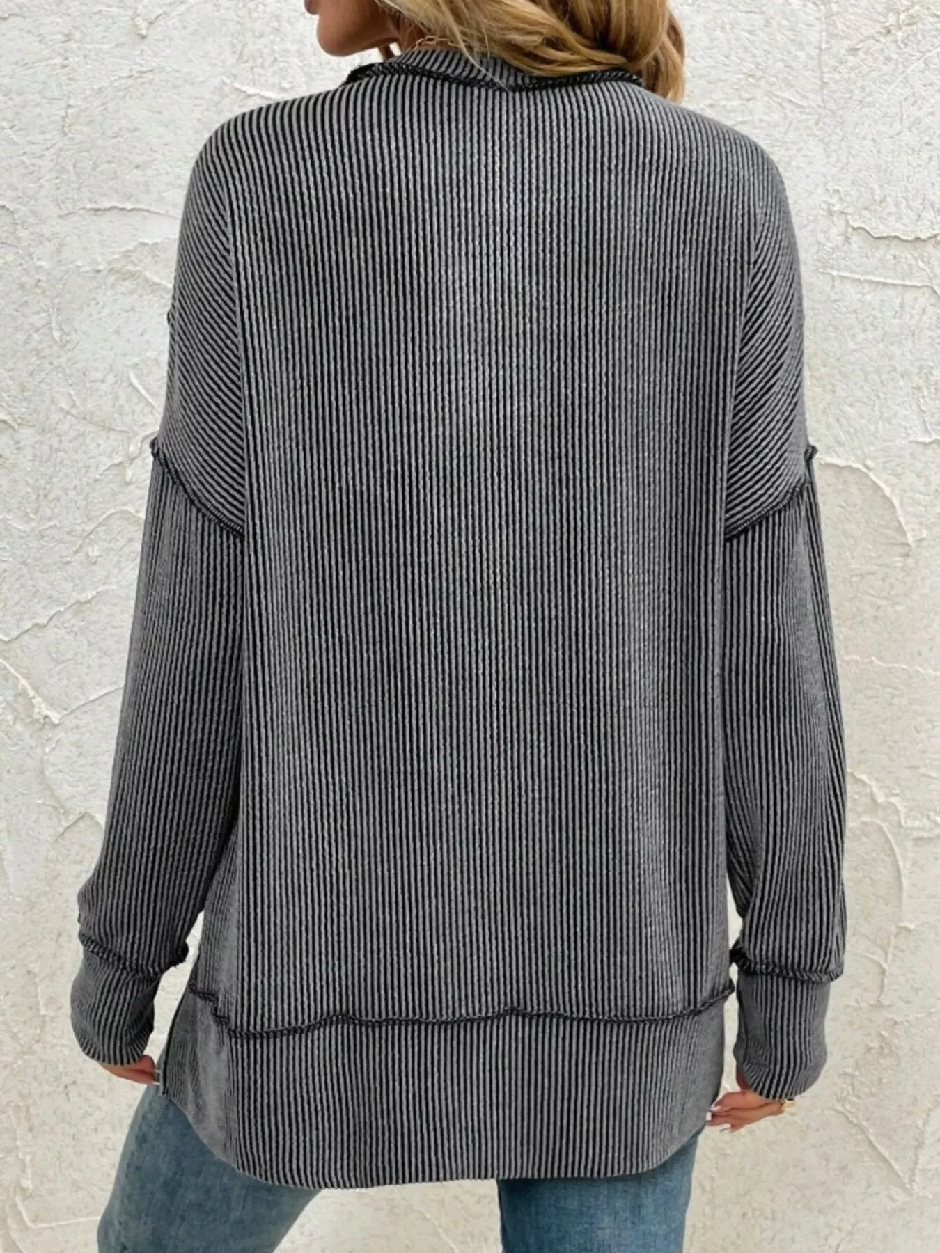 Side Slit Round Neck Dropped Shoulder Sweatshirt - Image 12