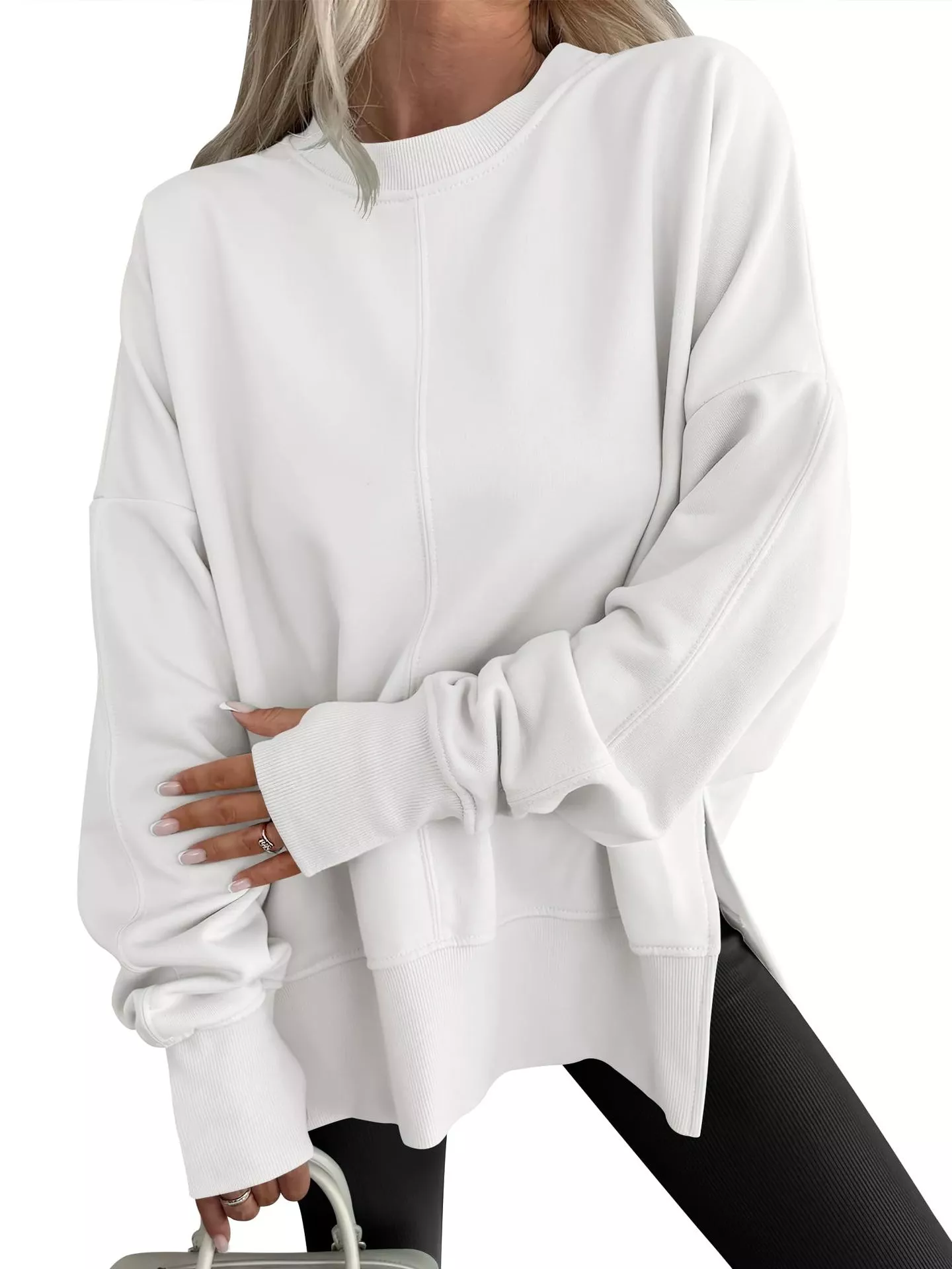 Side Slit Round Neck Long Sleeve Sweatshirt - Image 24