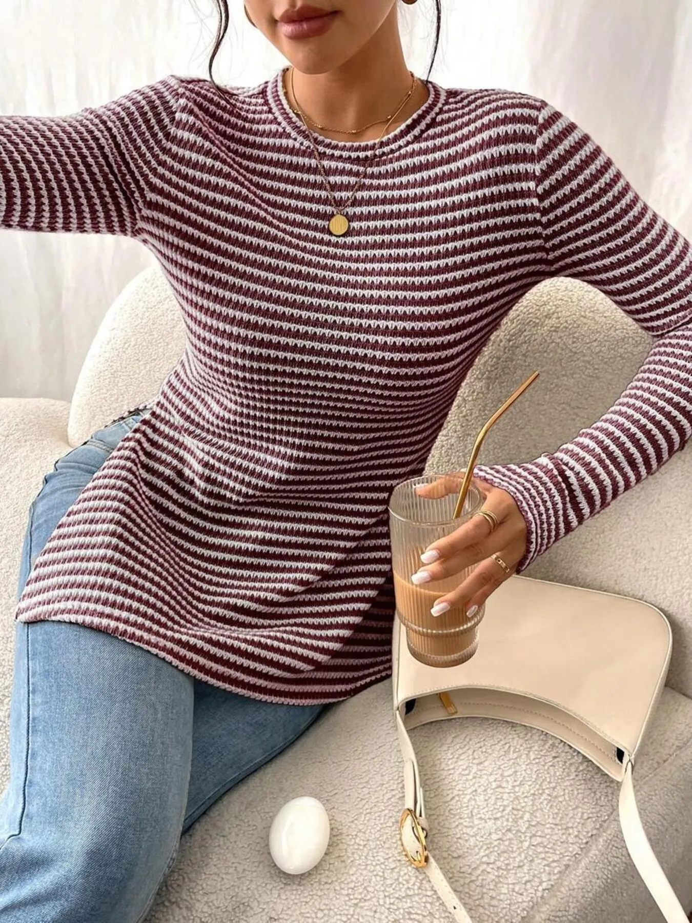 Side Slit Striped Long Sleeve T-Shirt - Image 21