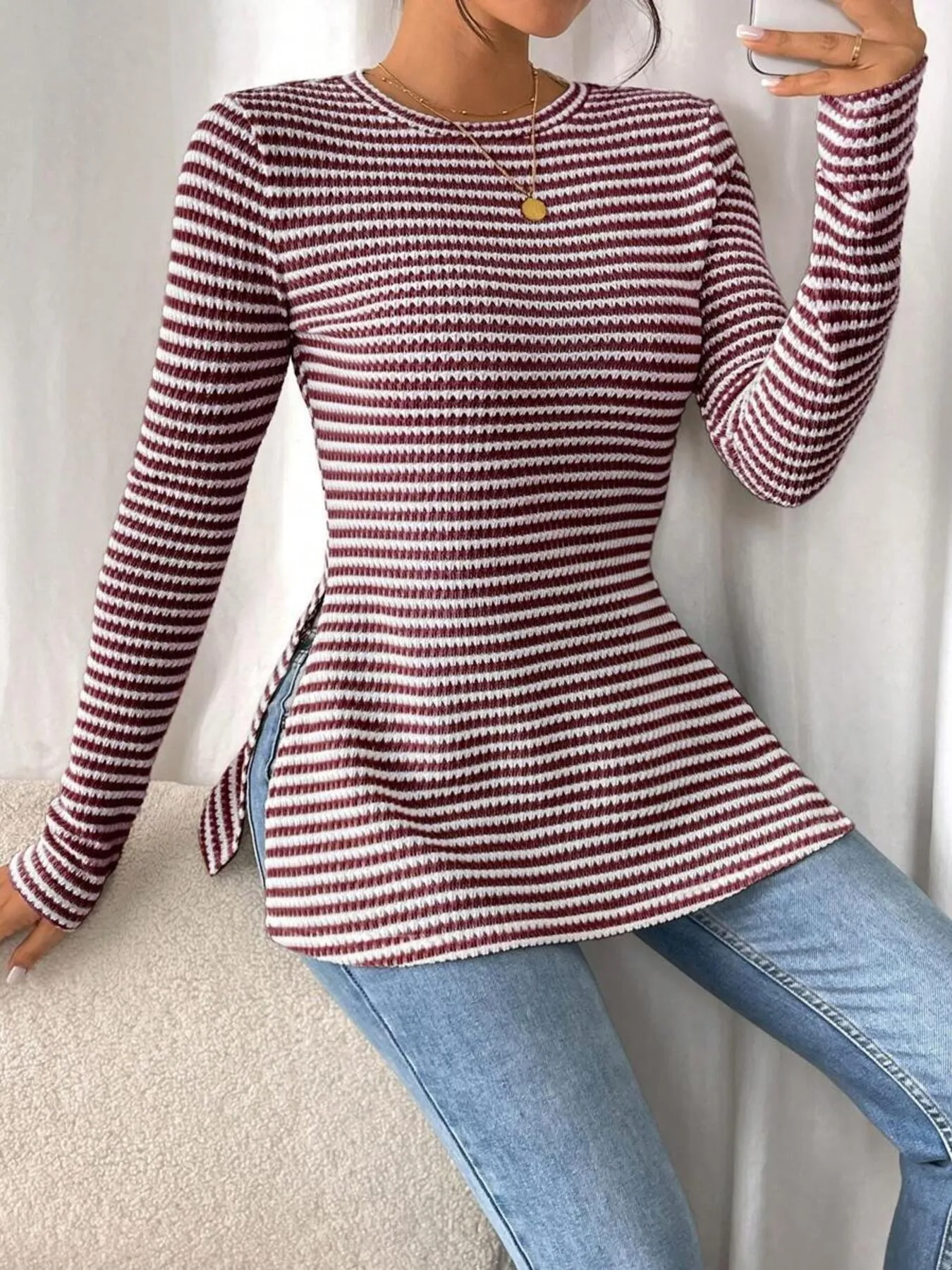 Side Slit Striped Long Sleeve T-Shirt - Image 22