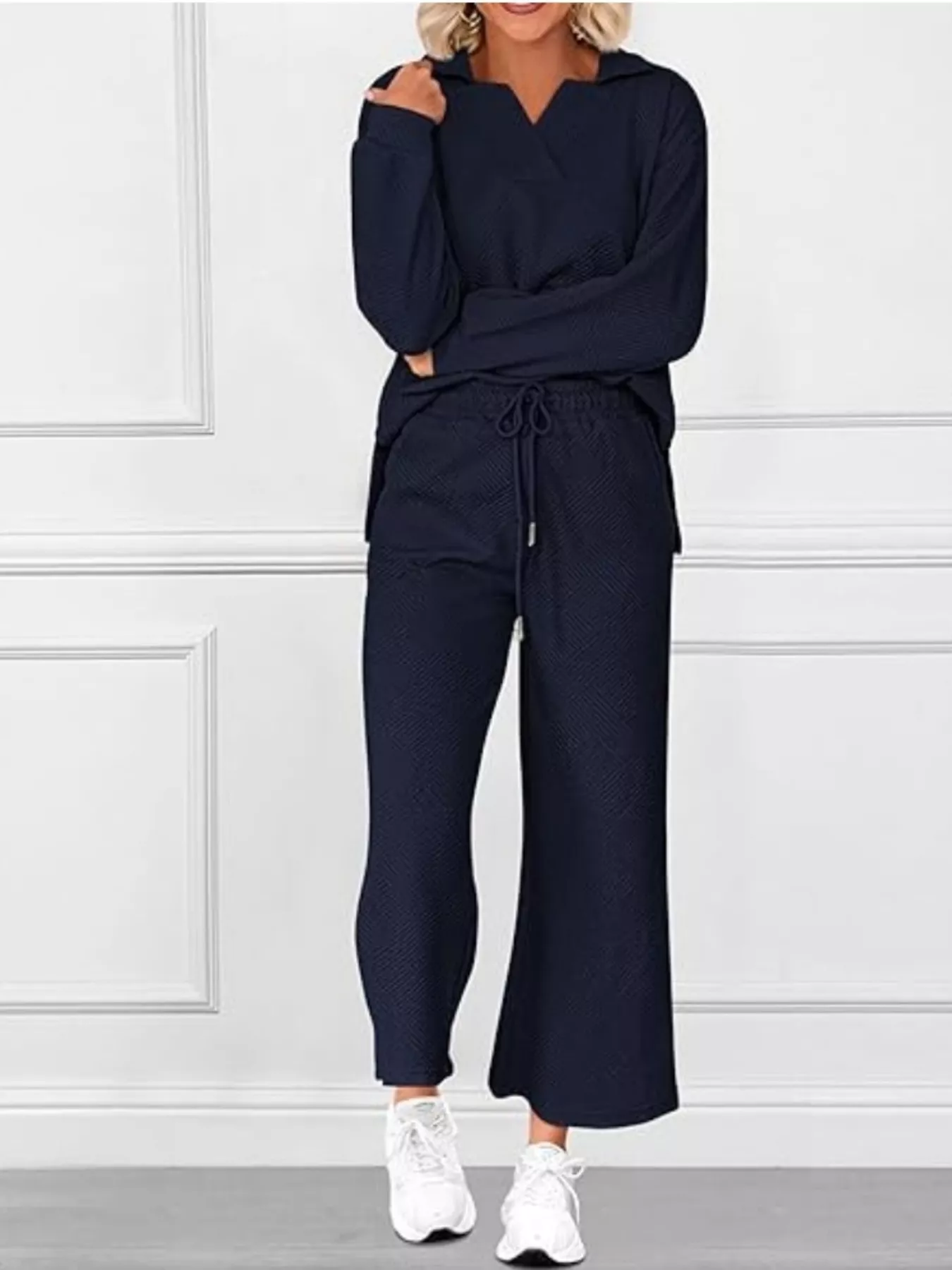Side Slit Textured Top and Drawstring Pants Set - Image 19