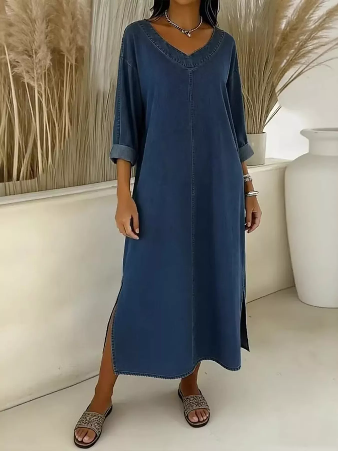 Side Slit V-Neck Midi Dress - Image 5