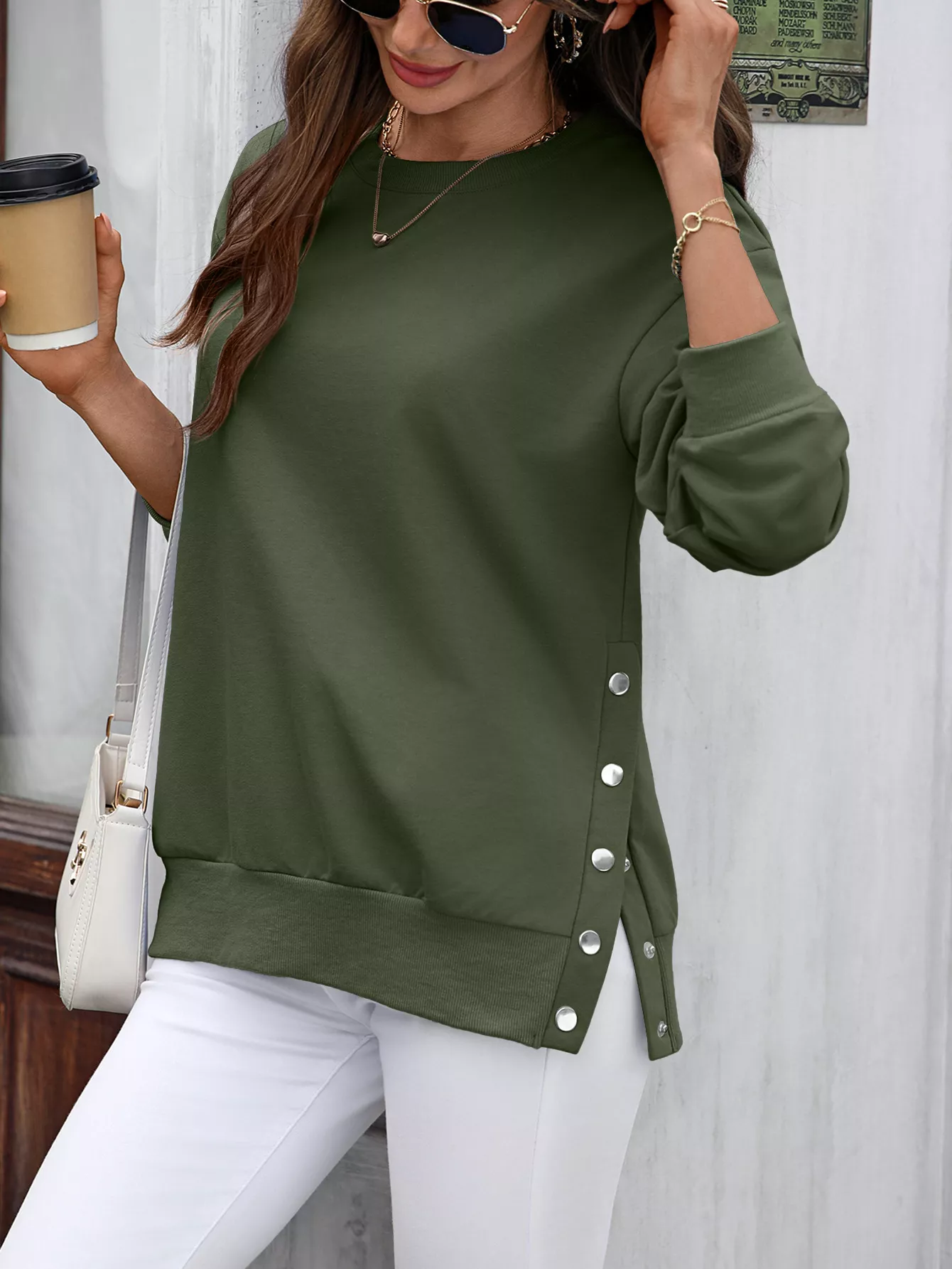 Side Snap Round Neck Sweatshirt - Image 23