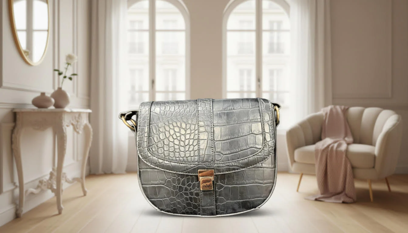 Silver Crocodile-Textured Shoulder Bag
