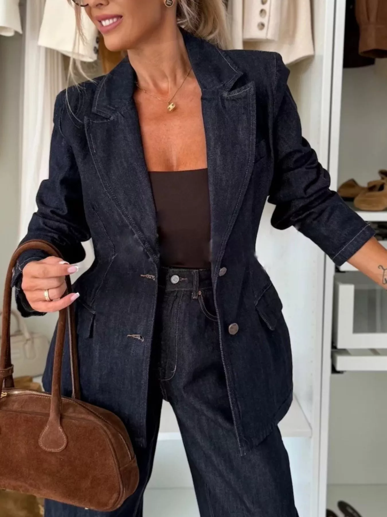 Single-Breasted Washed Denim Blazer - Image 2
