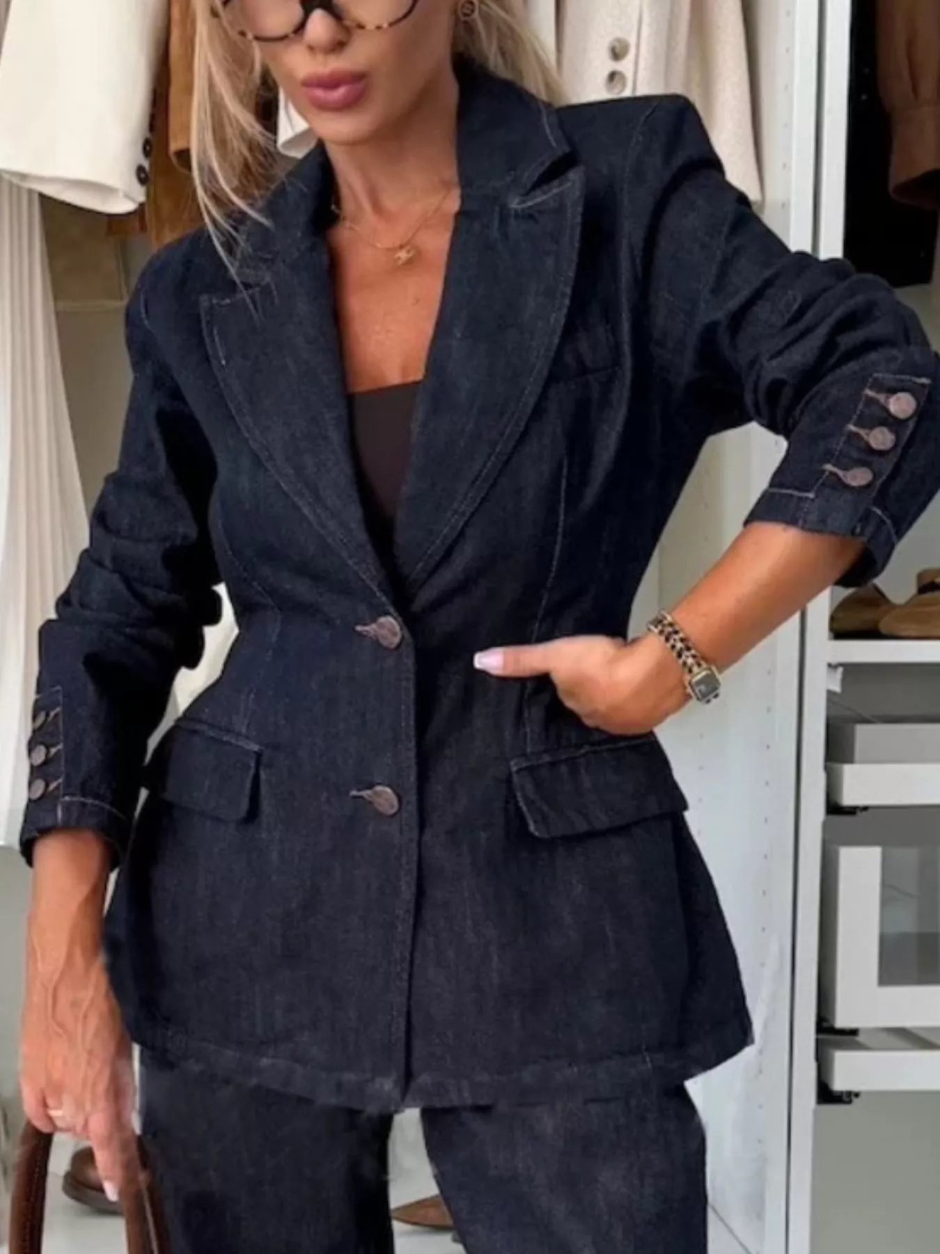 Single-Breasted Washed Denim Blazer - Image 6