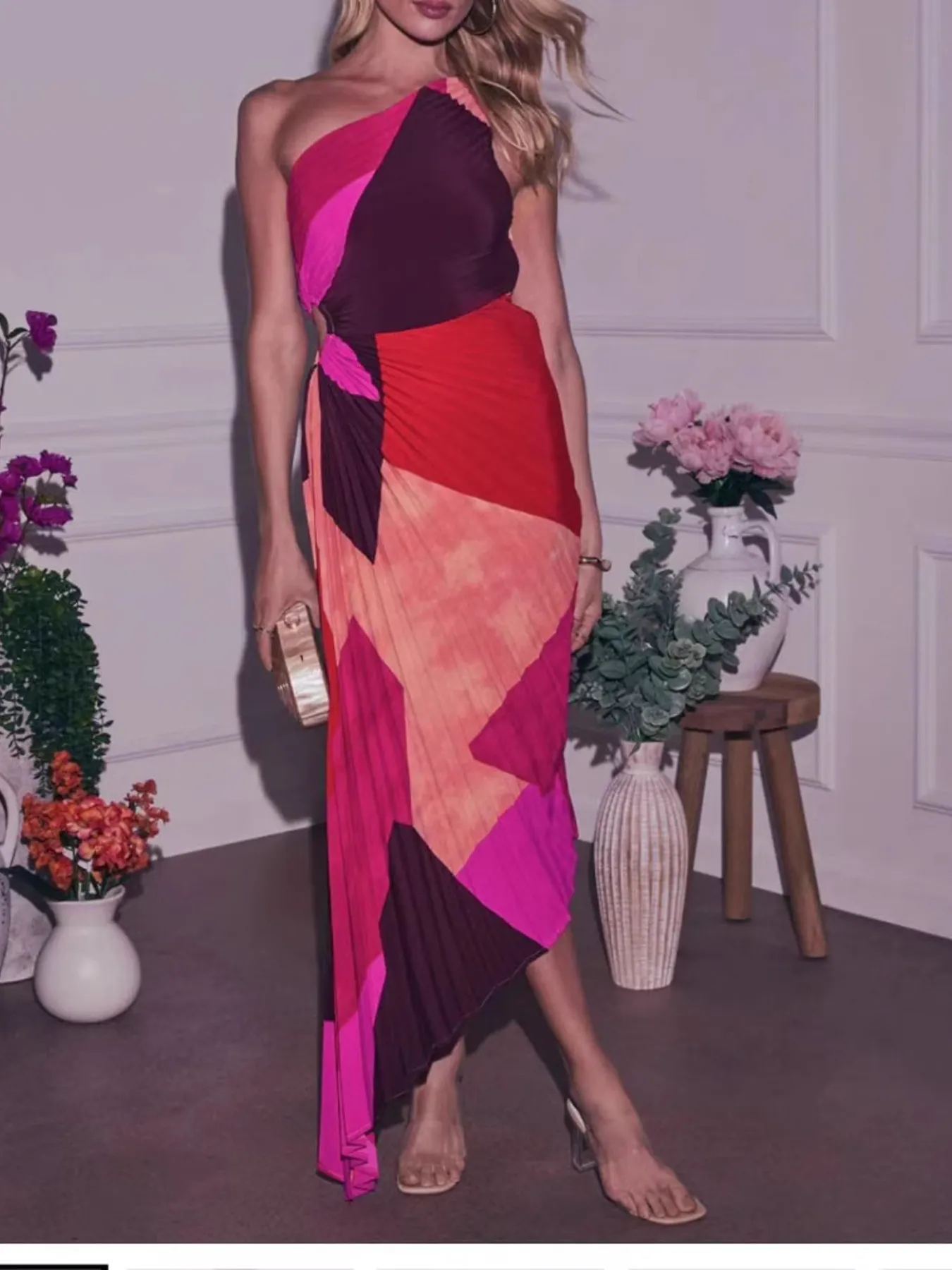 Single Shoulder Floral Pleated Dress - Image 9