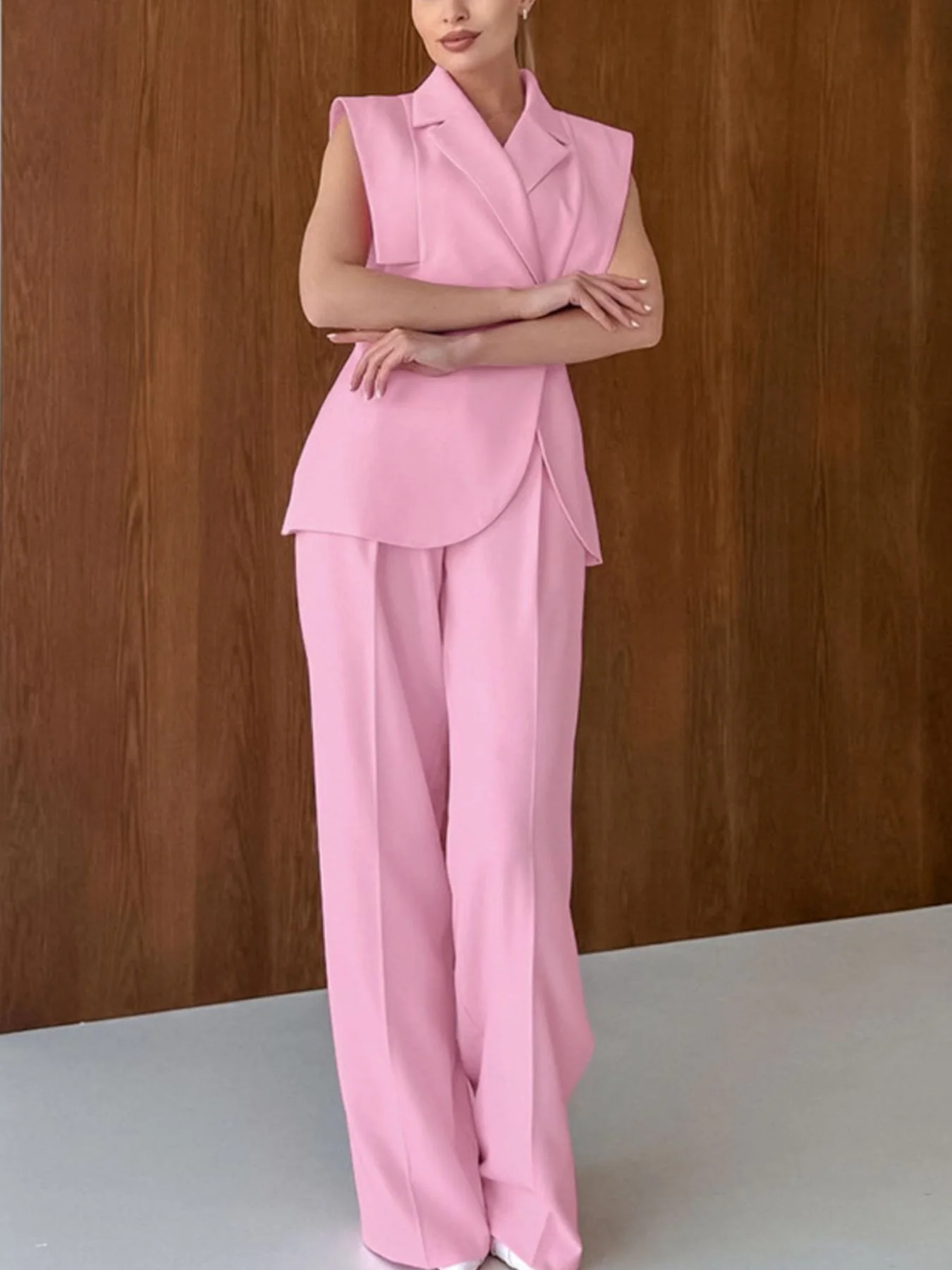 Sleeveless Blazer & Wide Leg Pants Set - Image 3