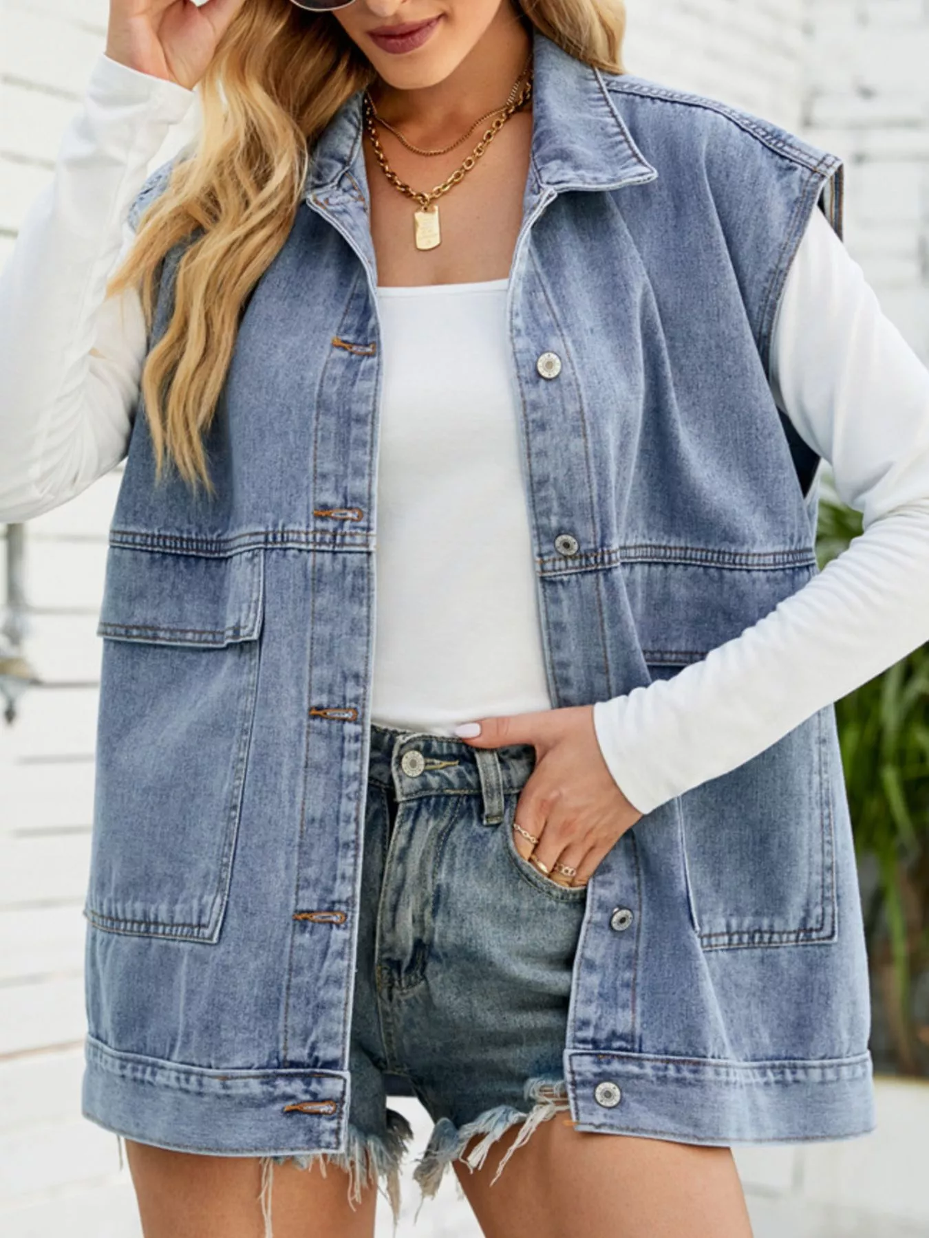 Sleeveless Button-Down Denim Jacket - Image 11