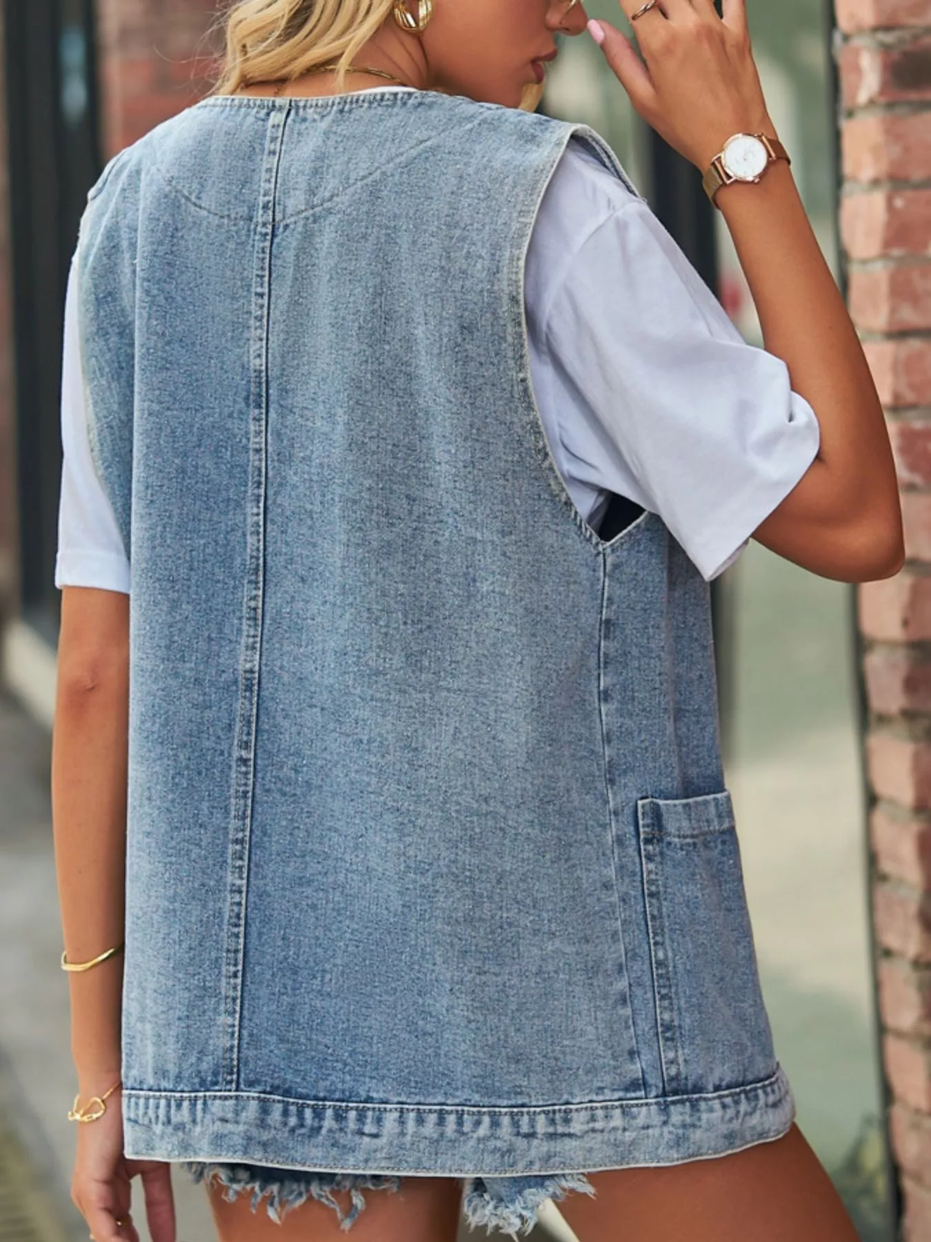 Sleeveless Button-Down Denim Jacket Vest - Image 3