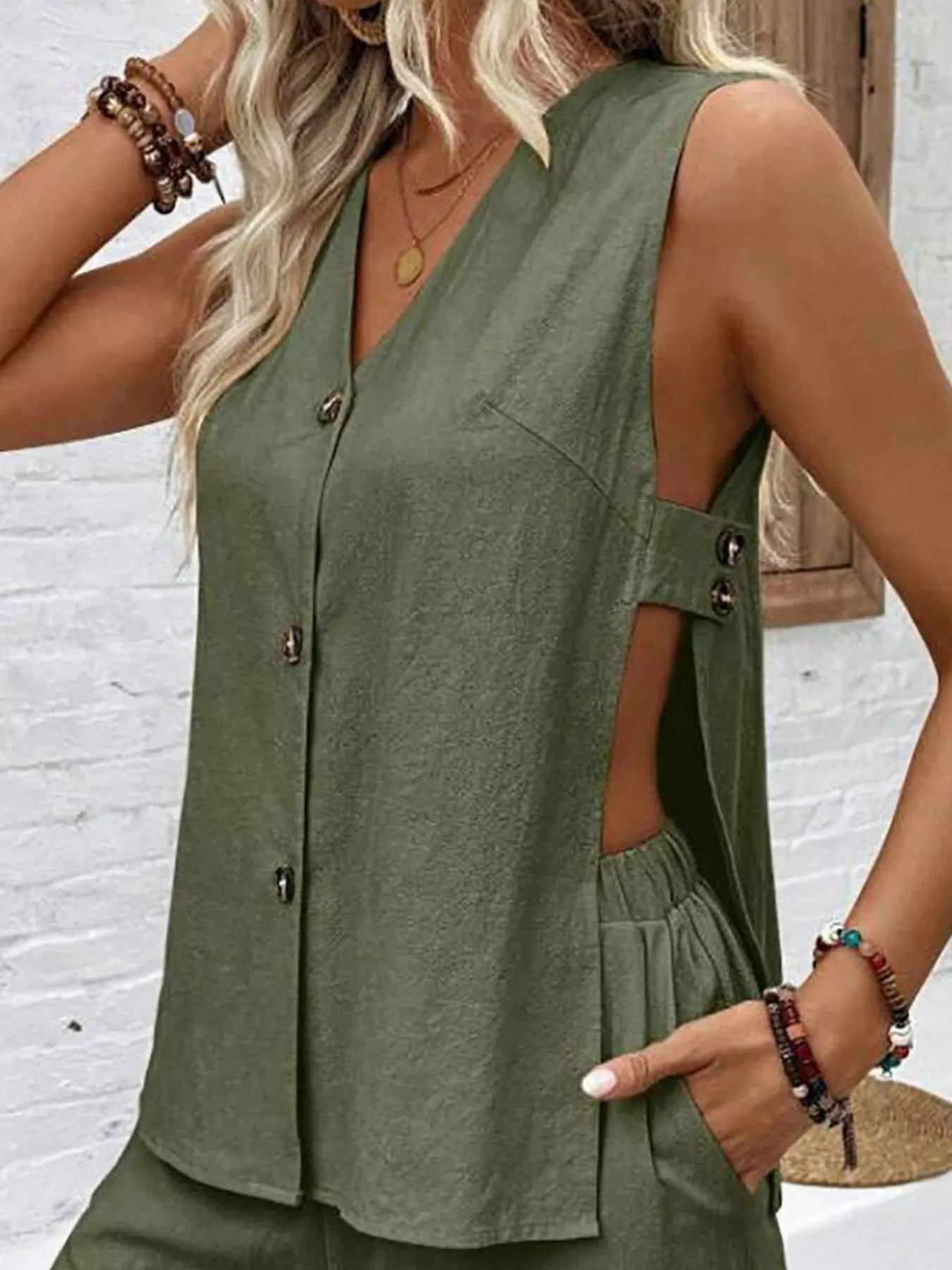 Sleeveless Button-Down Top and Shorts Set - Image 11