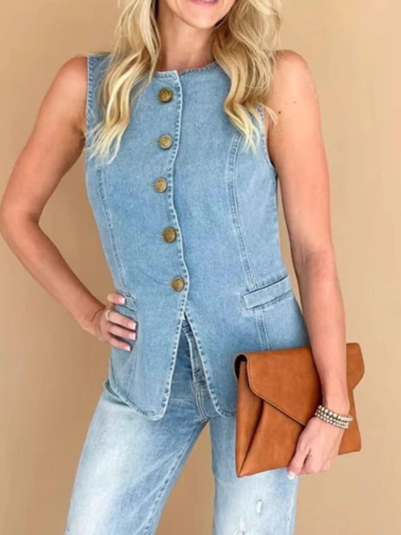 Sleeveless Button-Front Denim Vest - Image 4