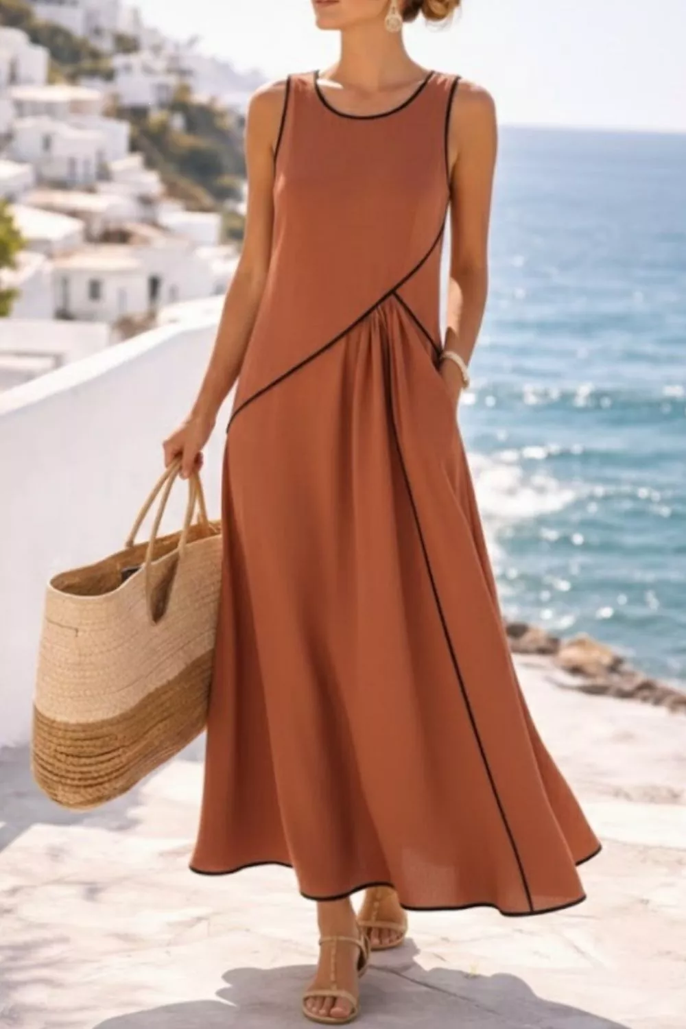 Sleeveless Casual Maxi Dress with Contrast Trim - Image 7