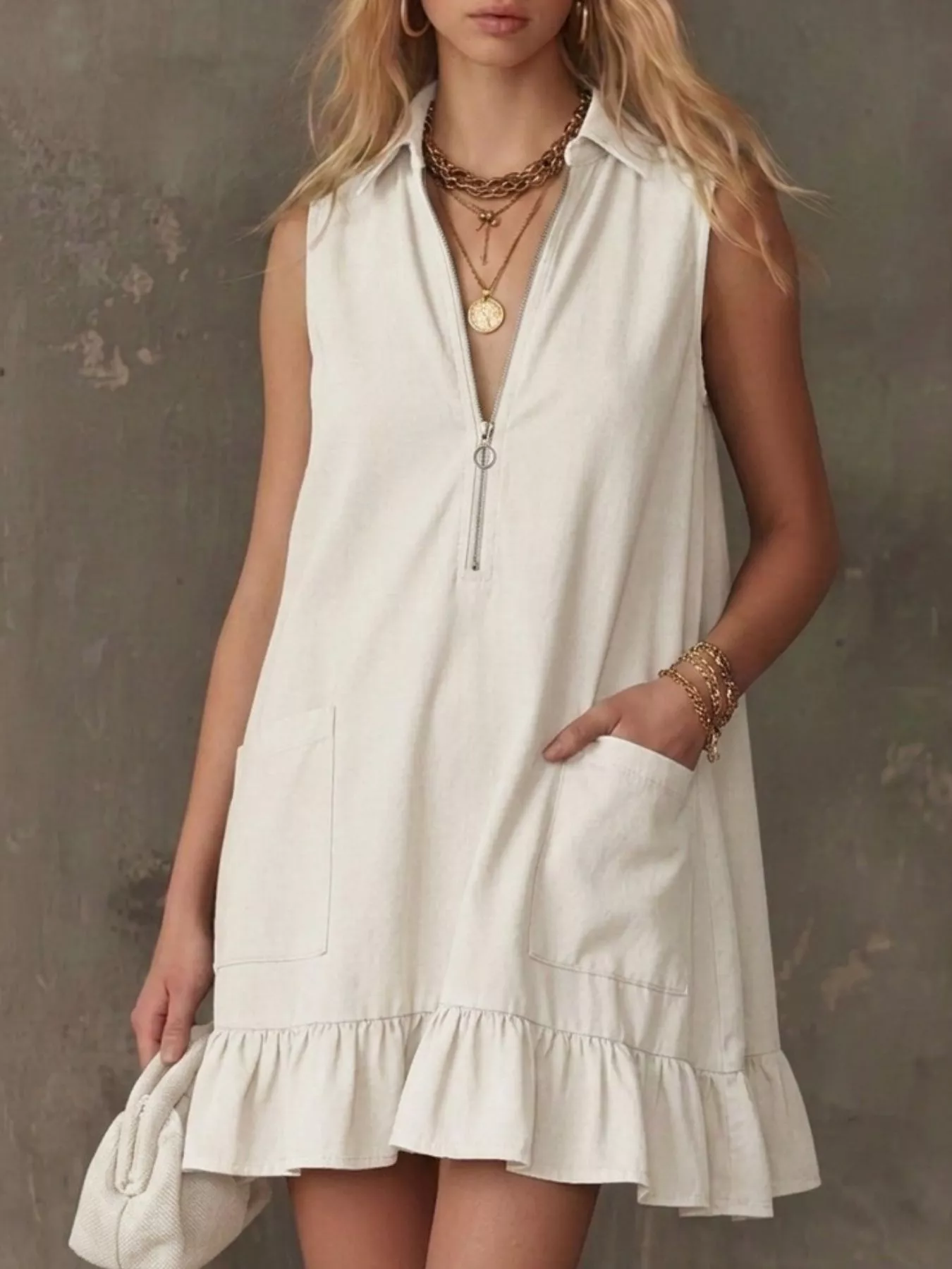 Sleeveless Collared Zip-Front Ruffle Hem Dress - Image 4