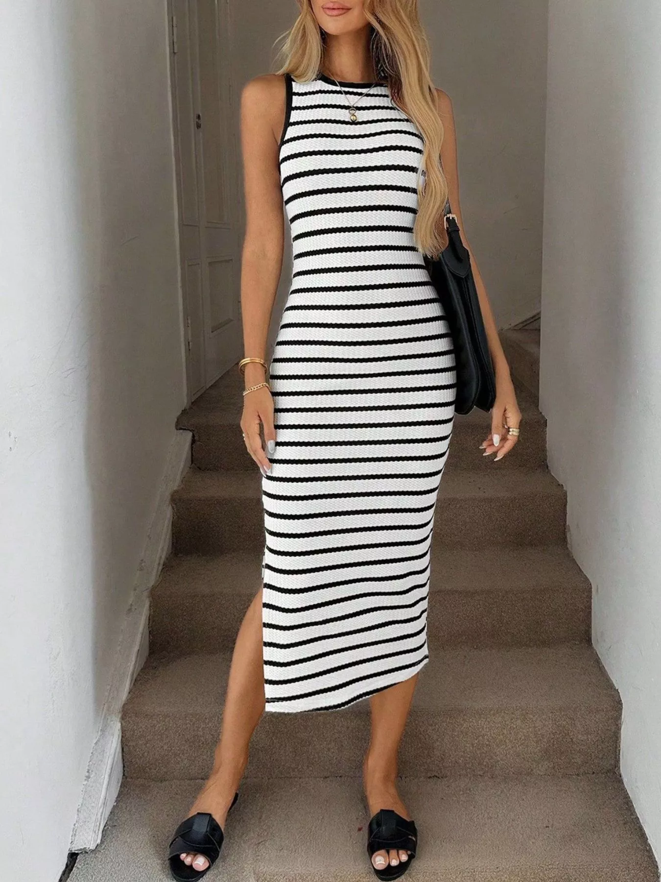 Sleeveless Striped Bodycon Midi Dress - Image 3