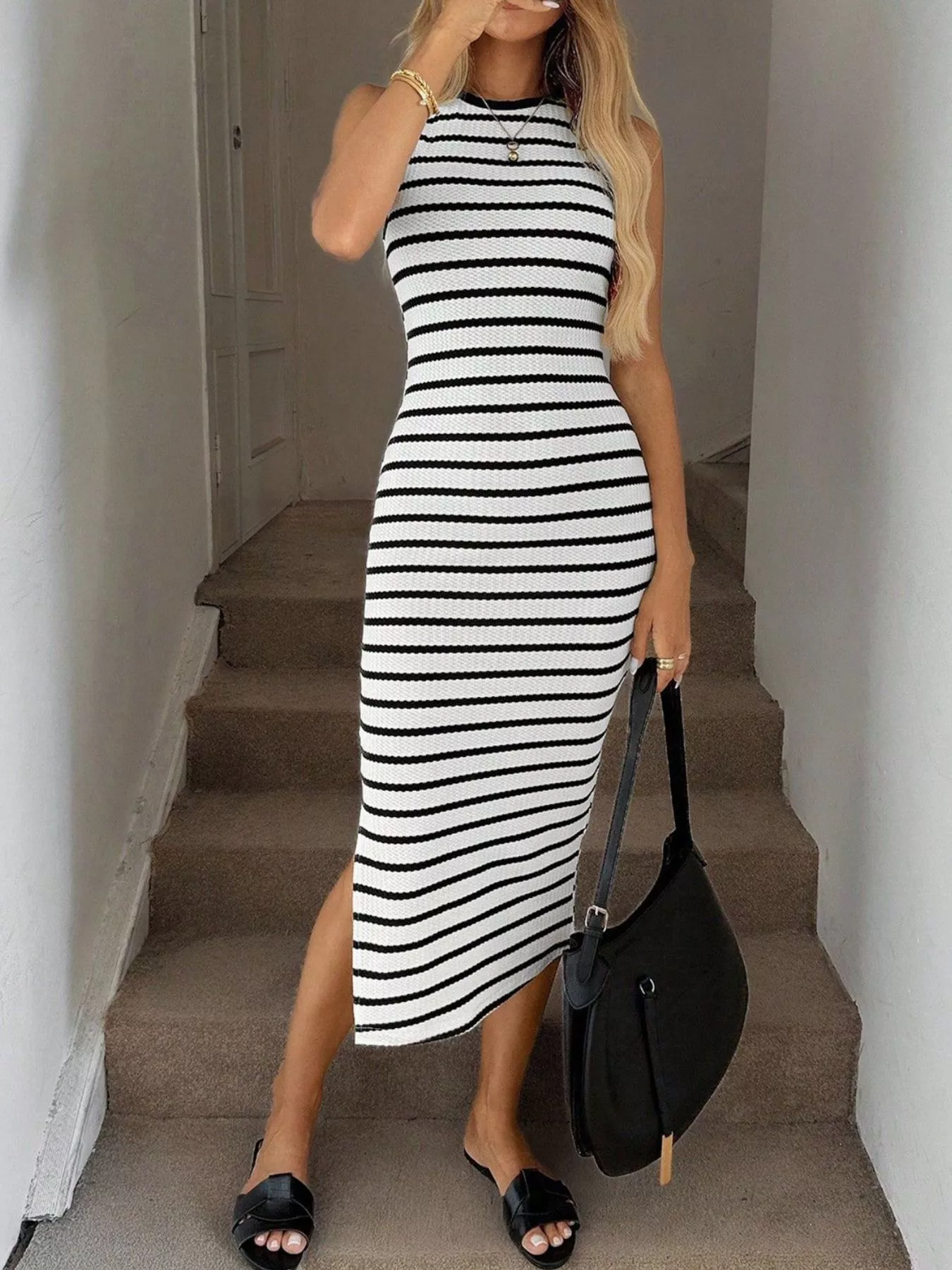 Sleeveless Striped Bodycon Midi Dress - Image 5
