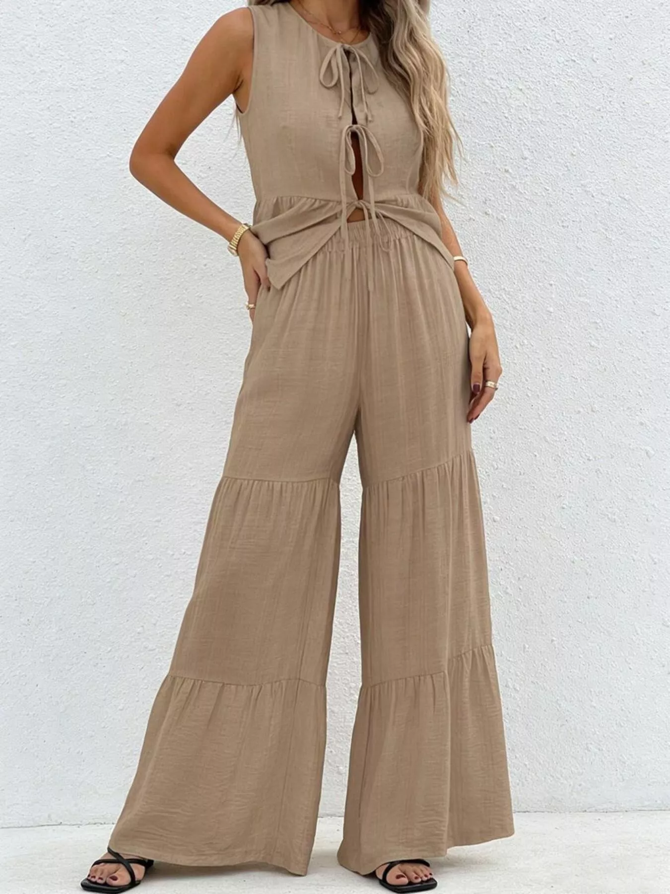 Sleeveless Tie-Front Top and Wide Leg Pants Set - Image 6