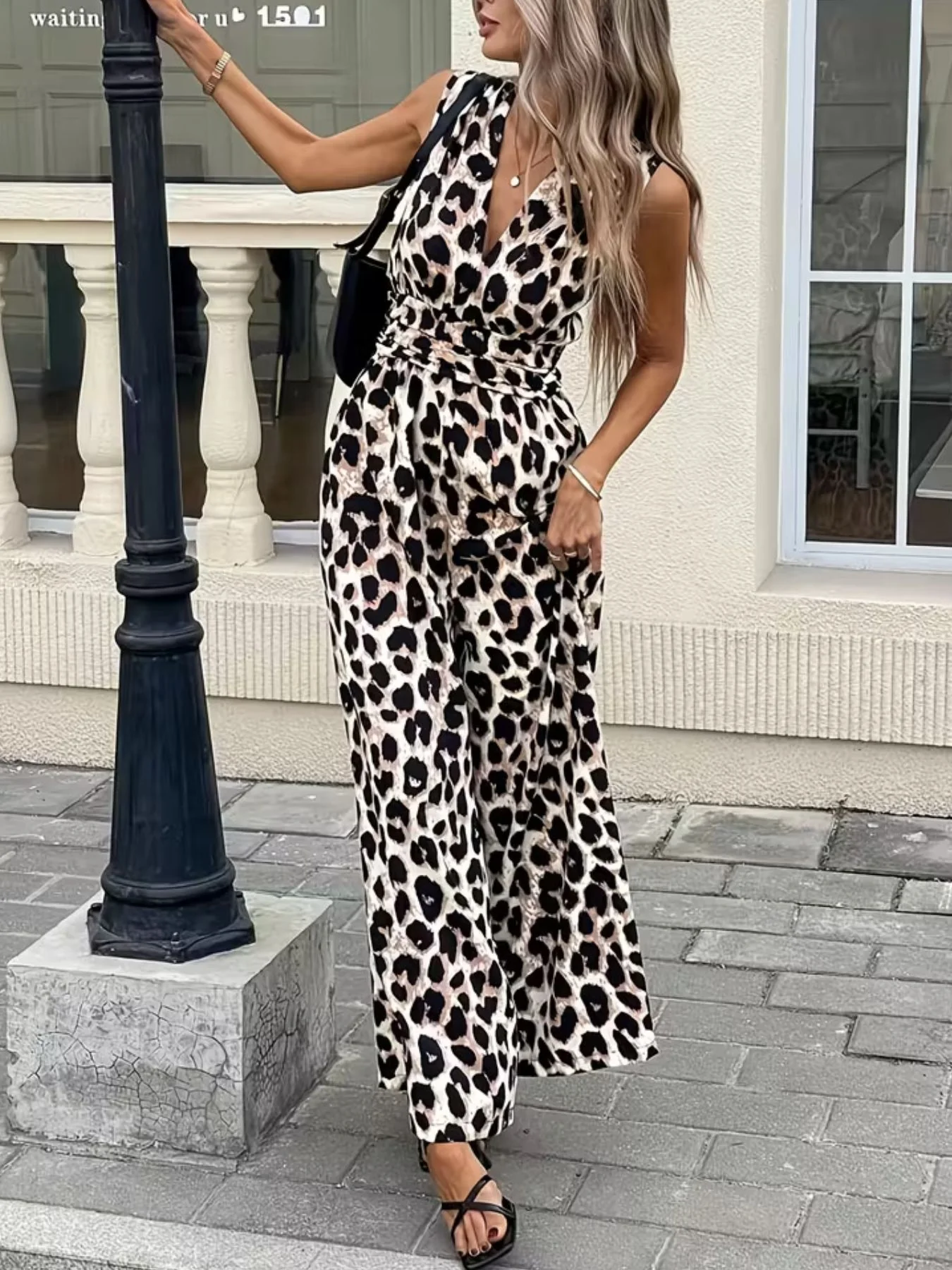 Sleeveless V-Neck Leopard Print Wide Leg Jumpsuit - Image 5