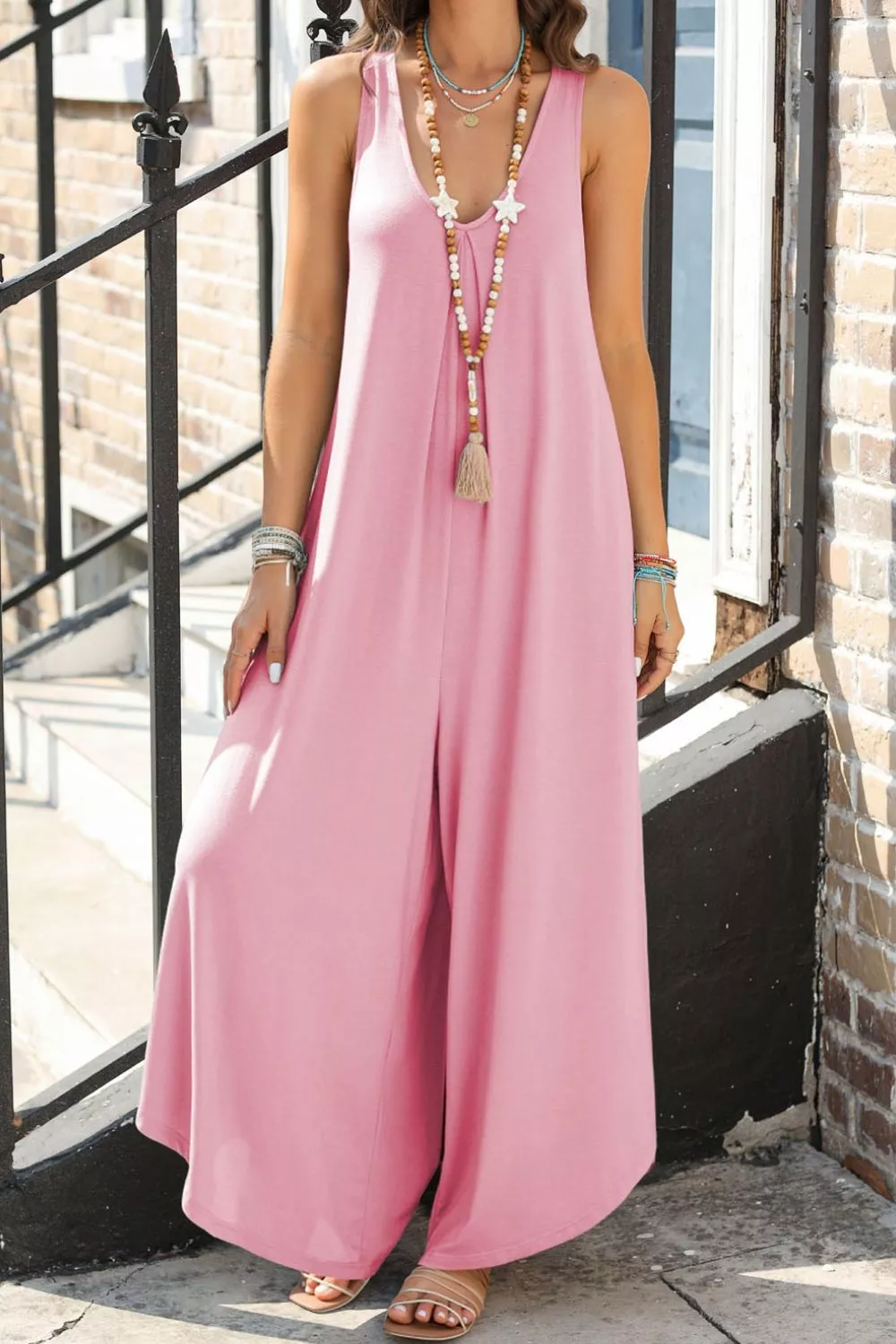 Sleeveless V Neck Pocketed Wide Leg Jumpsuit - Image 2
