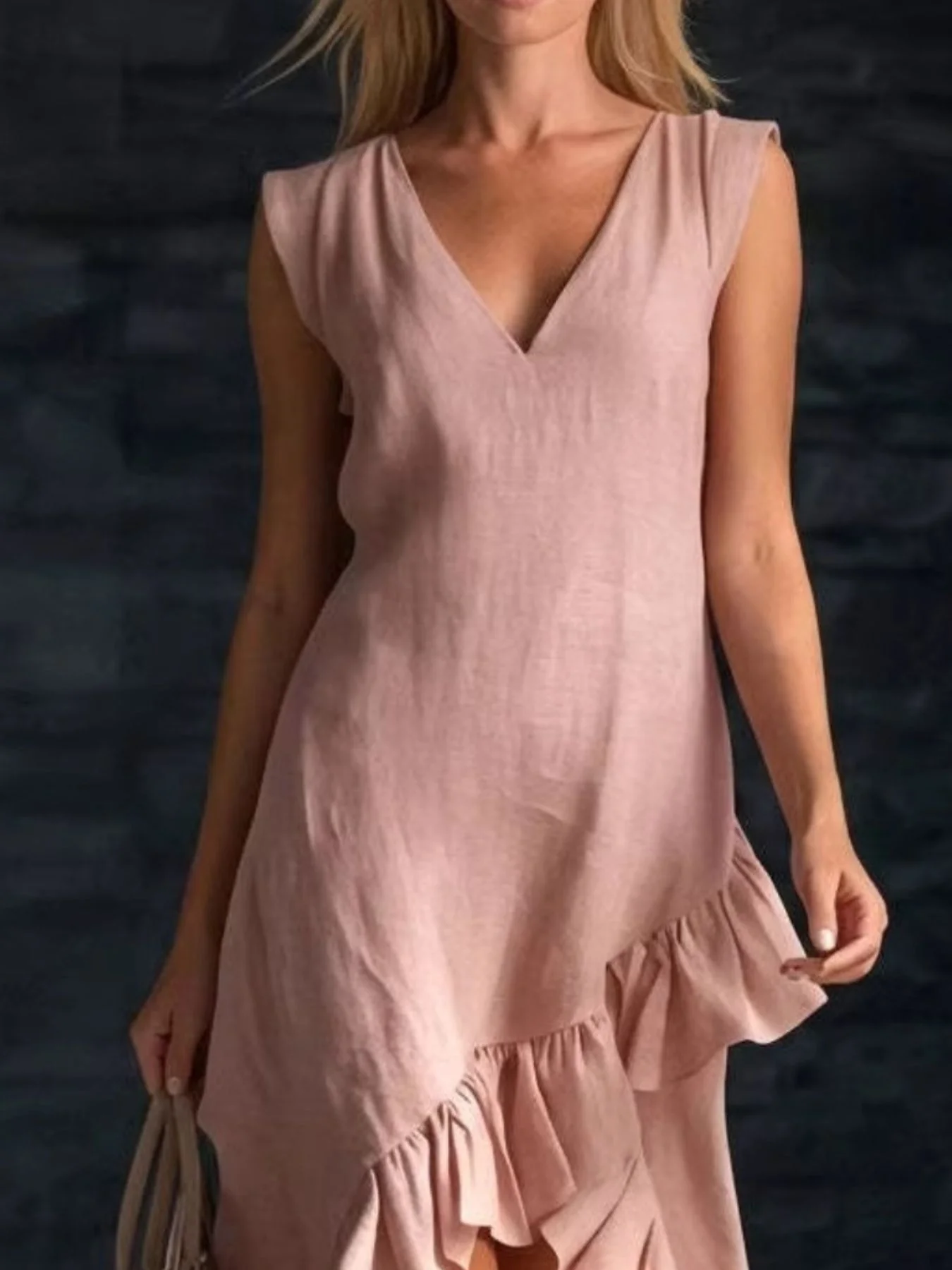 Sleeveless V-Neck Ruffle Hem High-Low Dress - Image 4