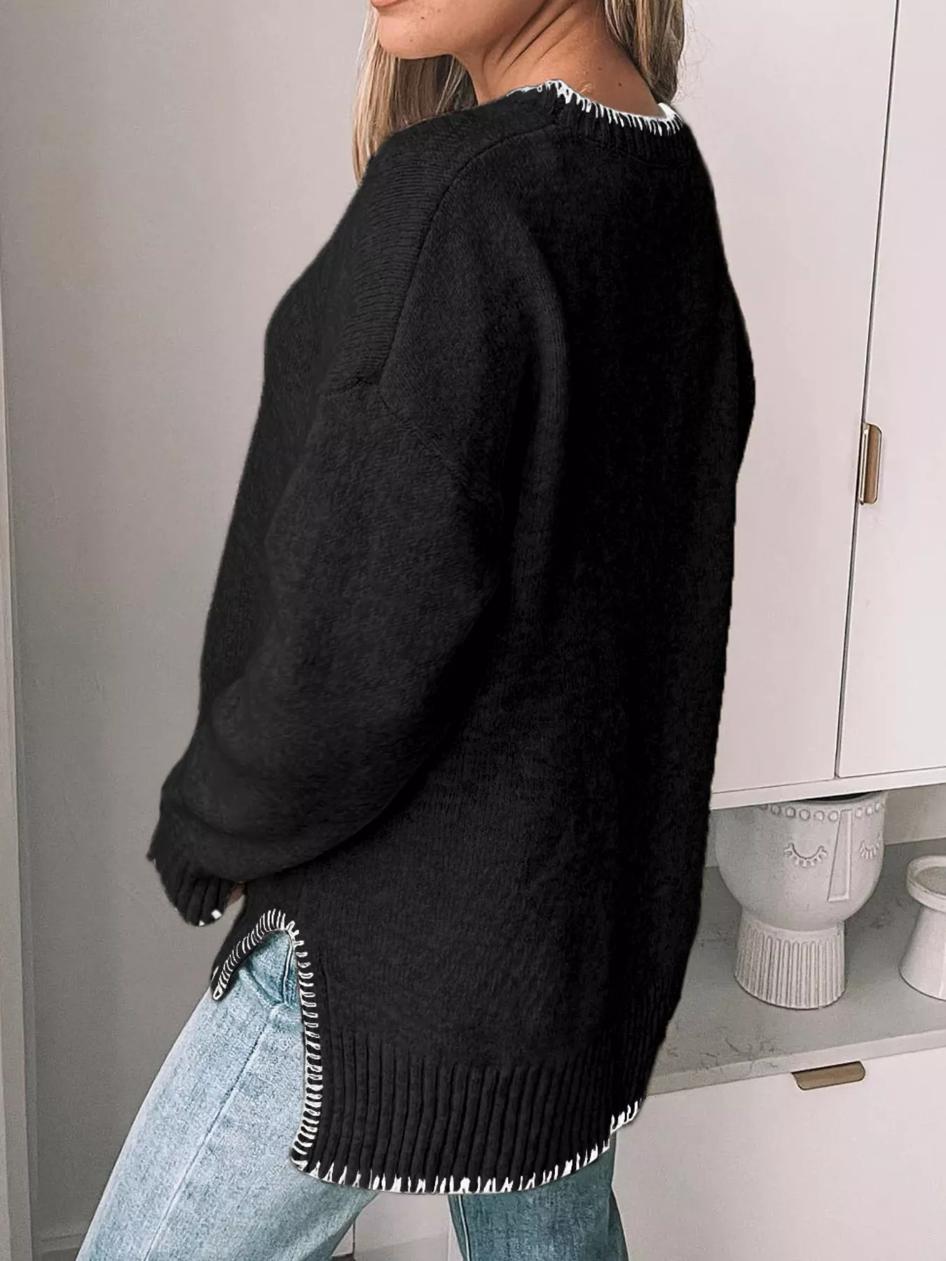 Slit Contrast Trim Round Neck Sweater - Image 3