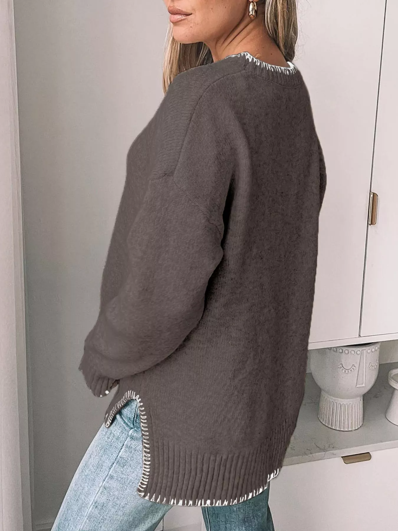Slit Contrast Trim Round Neck Sweater - Image 8